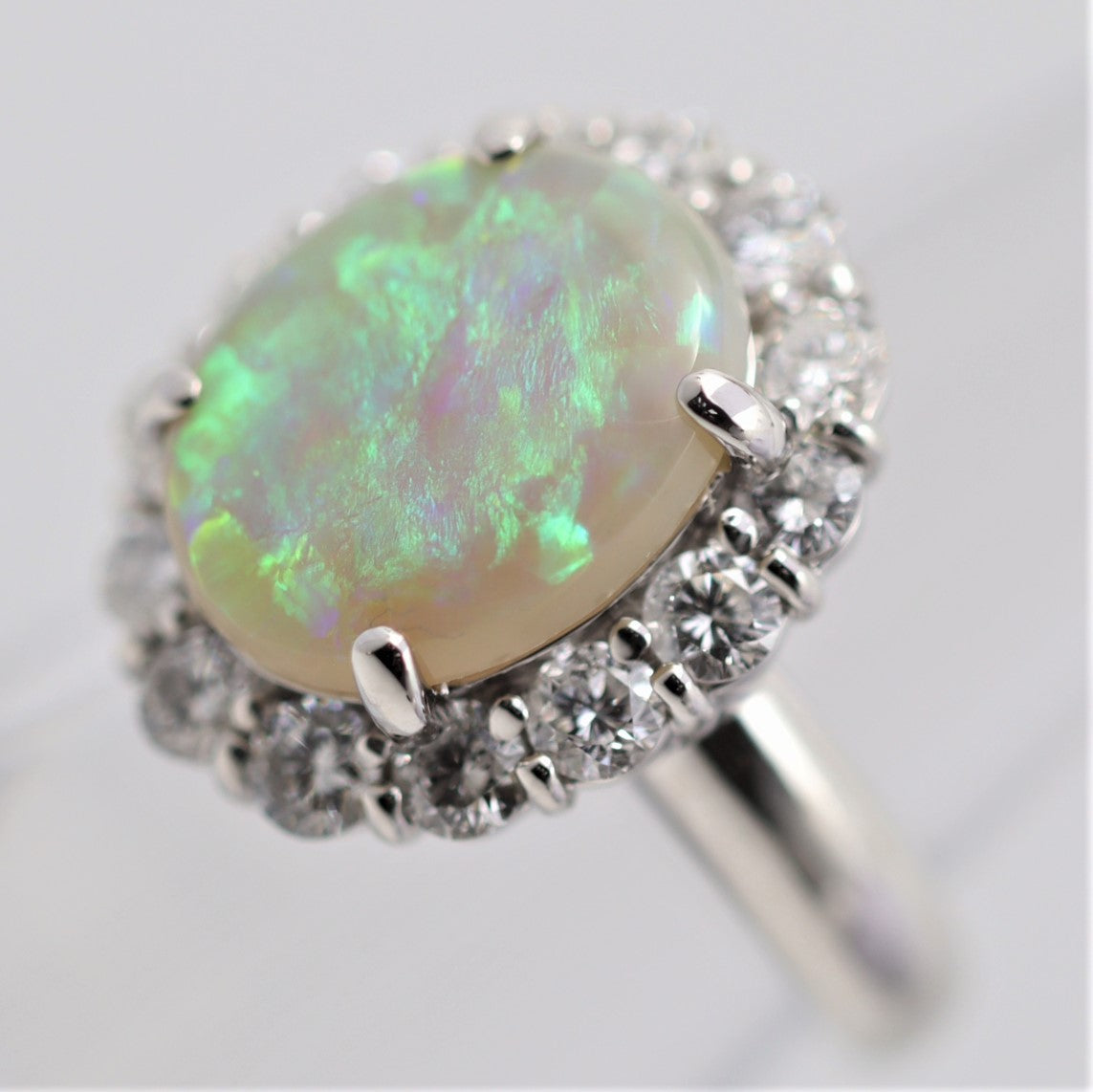 Australian Opal Diamond Halo Platinum Ring