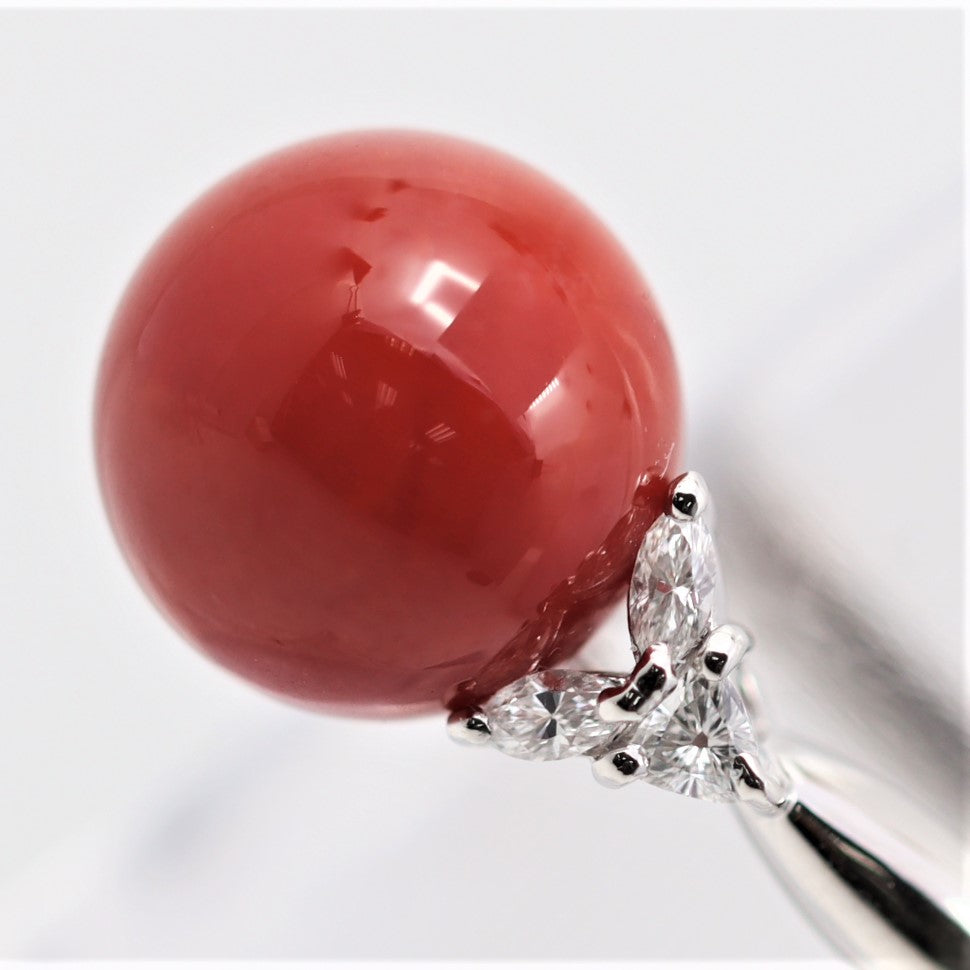 Ox Blood Coral Diamond Platinum Ring