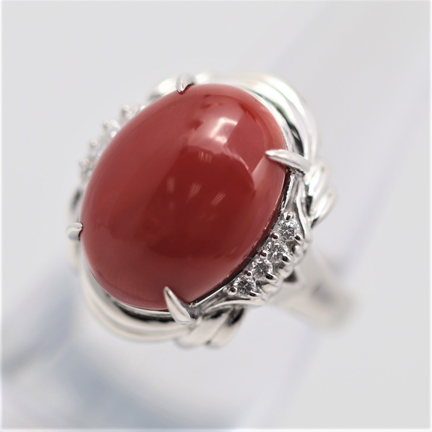 Coral Diamond Platinum Ring
