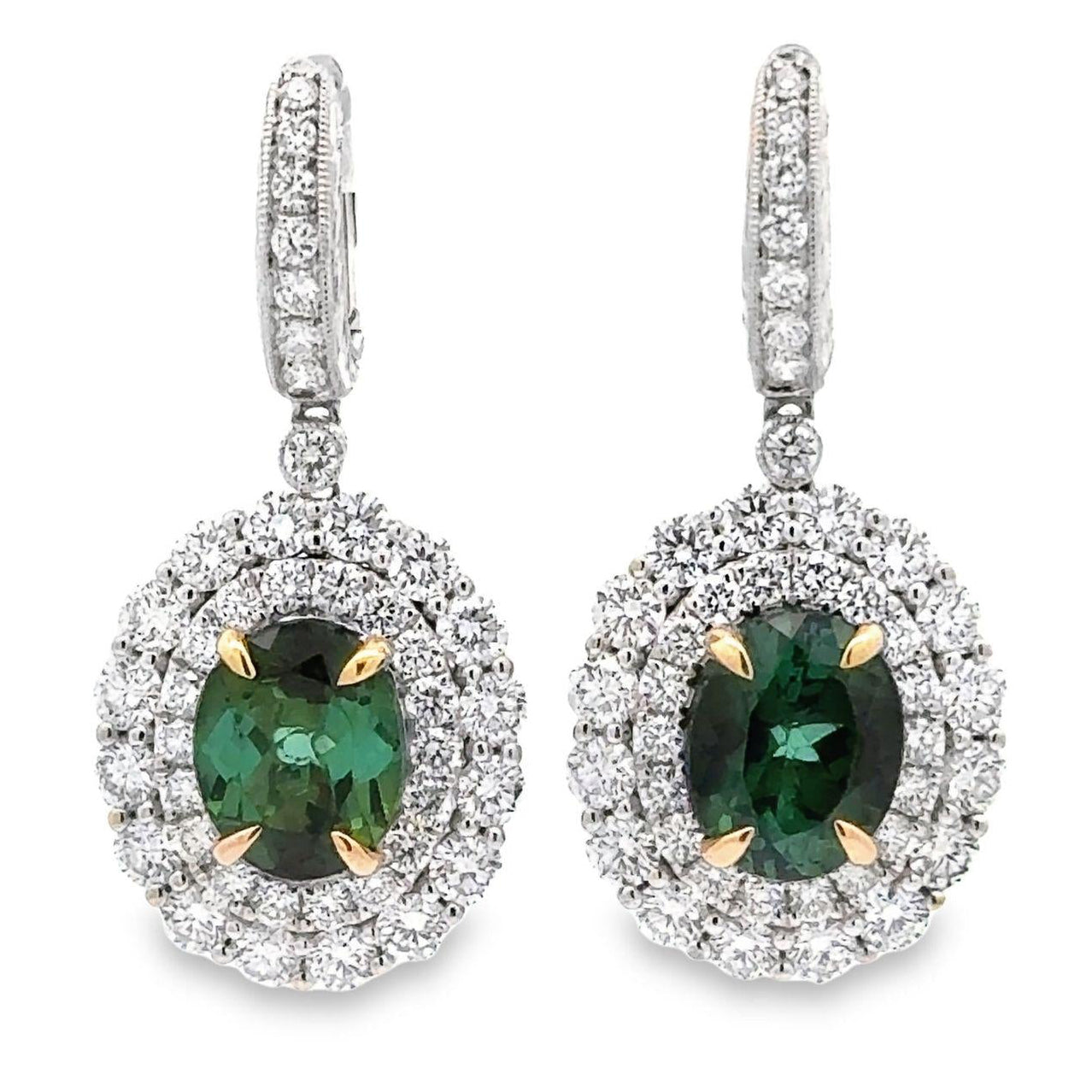 Forest Green Tourmaline Diamond 18K White Gold Drop Dangle Earrings