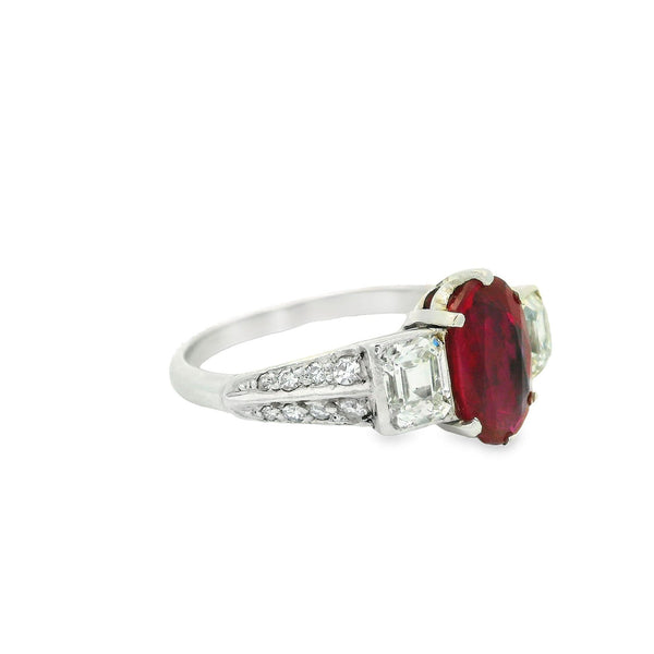 Art Deco No-Heat Burmese Ruby Diamond Platinum Ring, GIA Certified