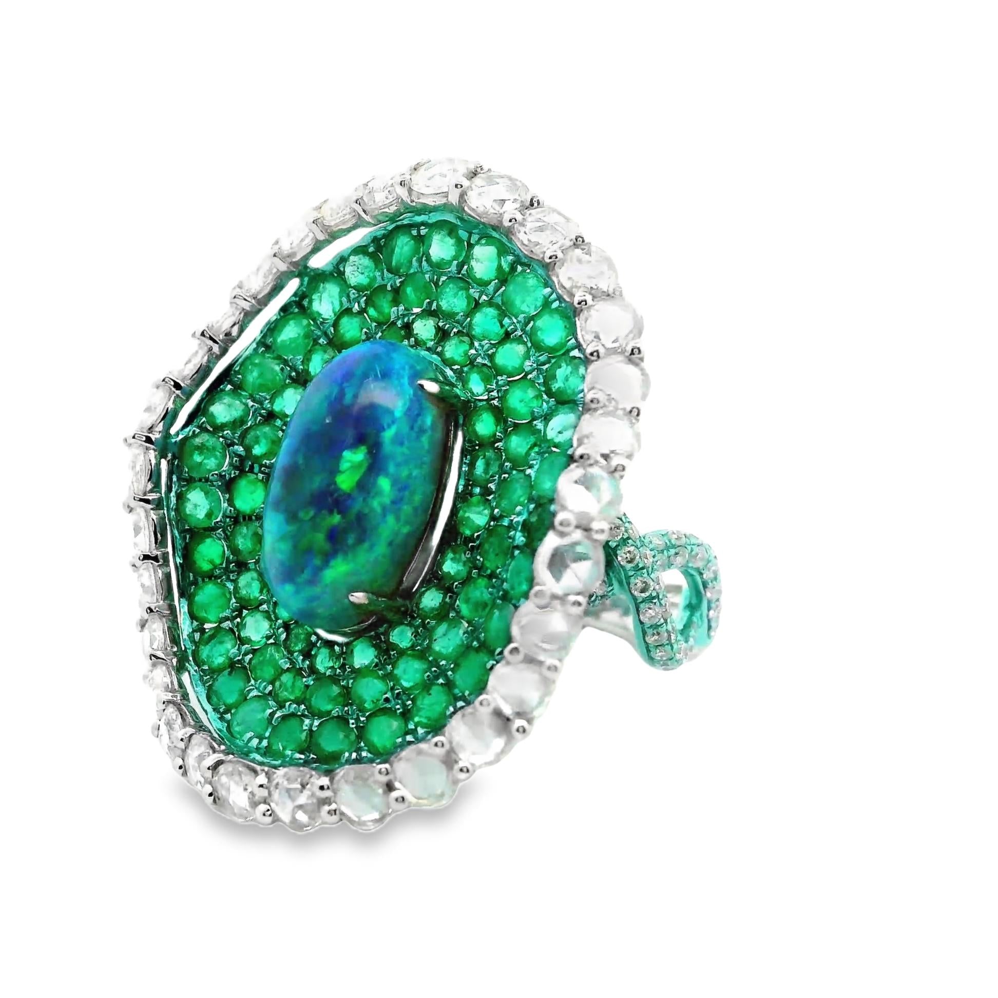 Australian Opal Emerald Diamond 18k Gold & Green-Rhodium Cocktail Ring