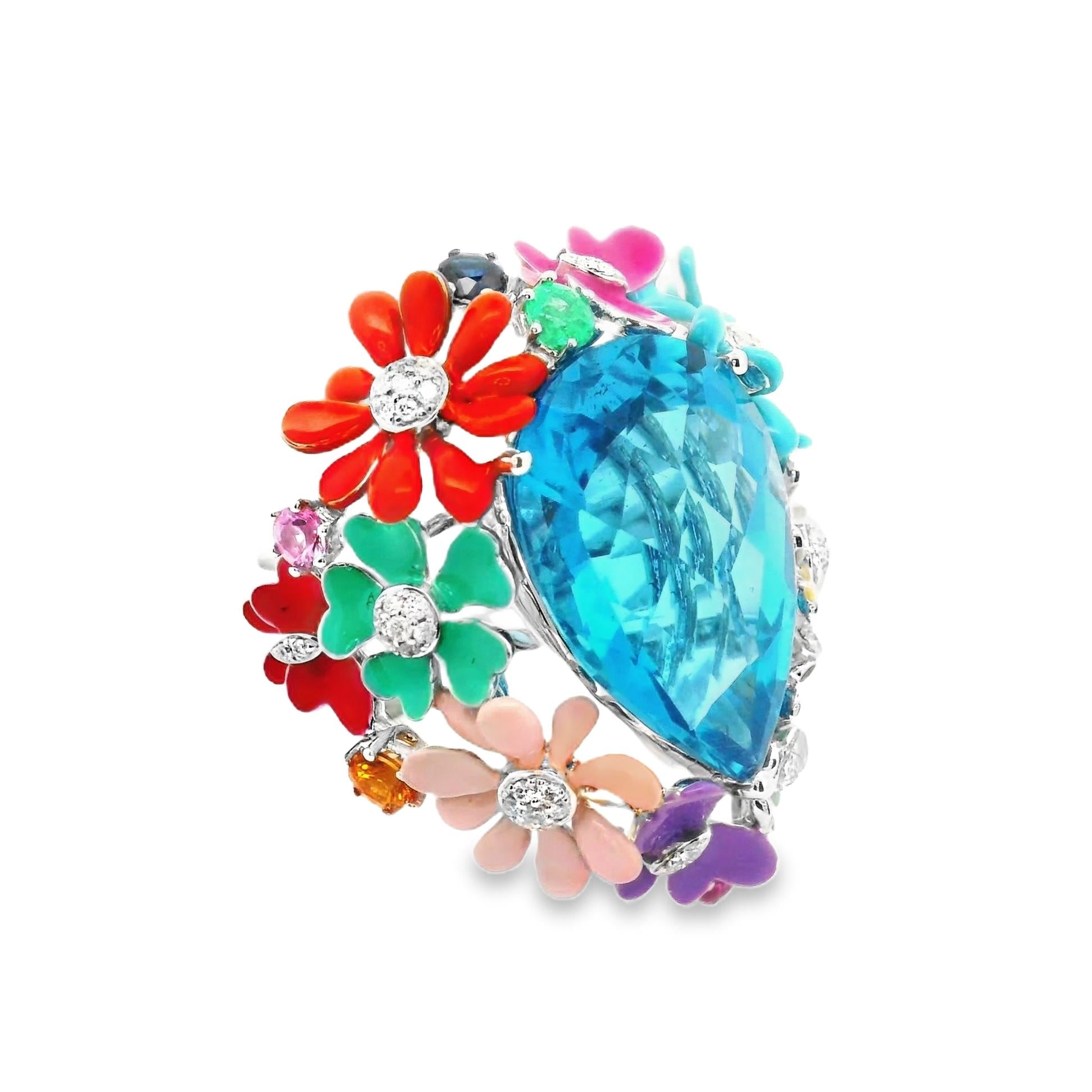 Blue Topaz Diamond Multi-Color Enamel Flower & Butterfly 18k White Gold Cocktail