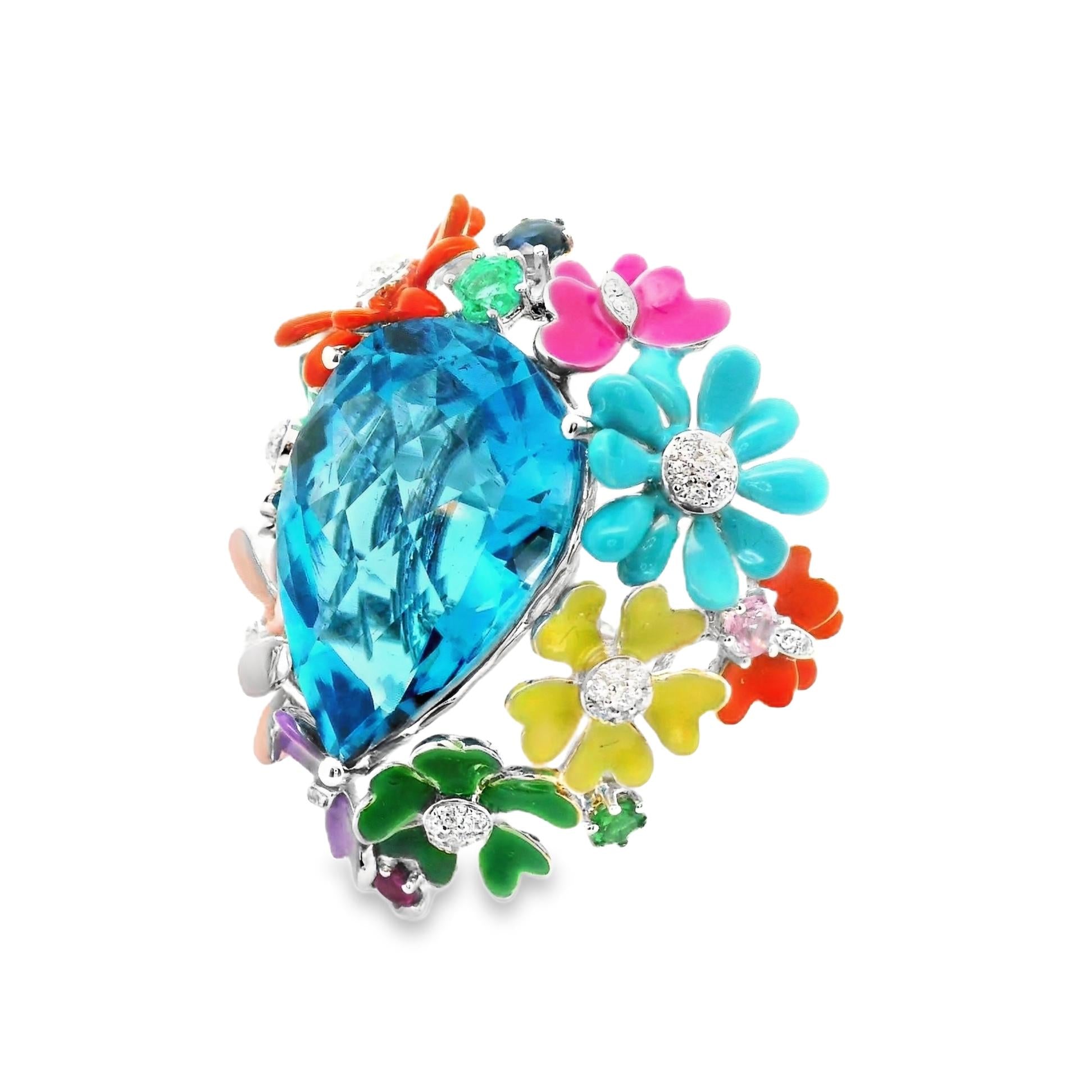 Blue Topaz Diamond Multi-Color Enamel Flower & Butterfly 18k White Gold Cocktail