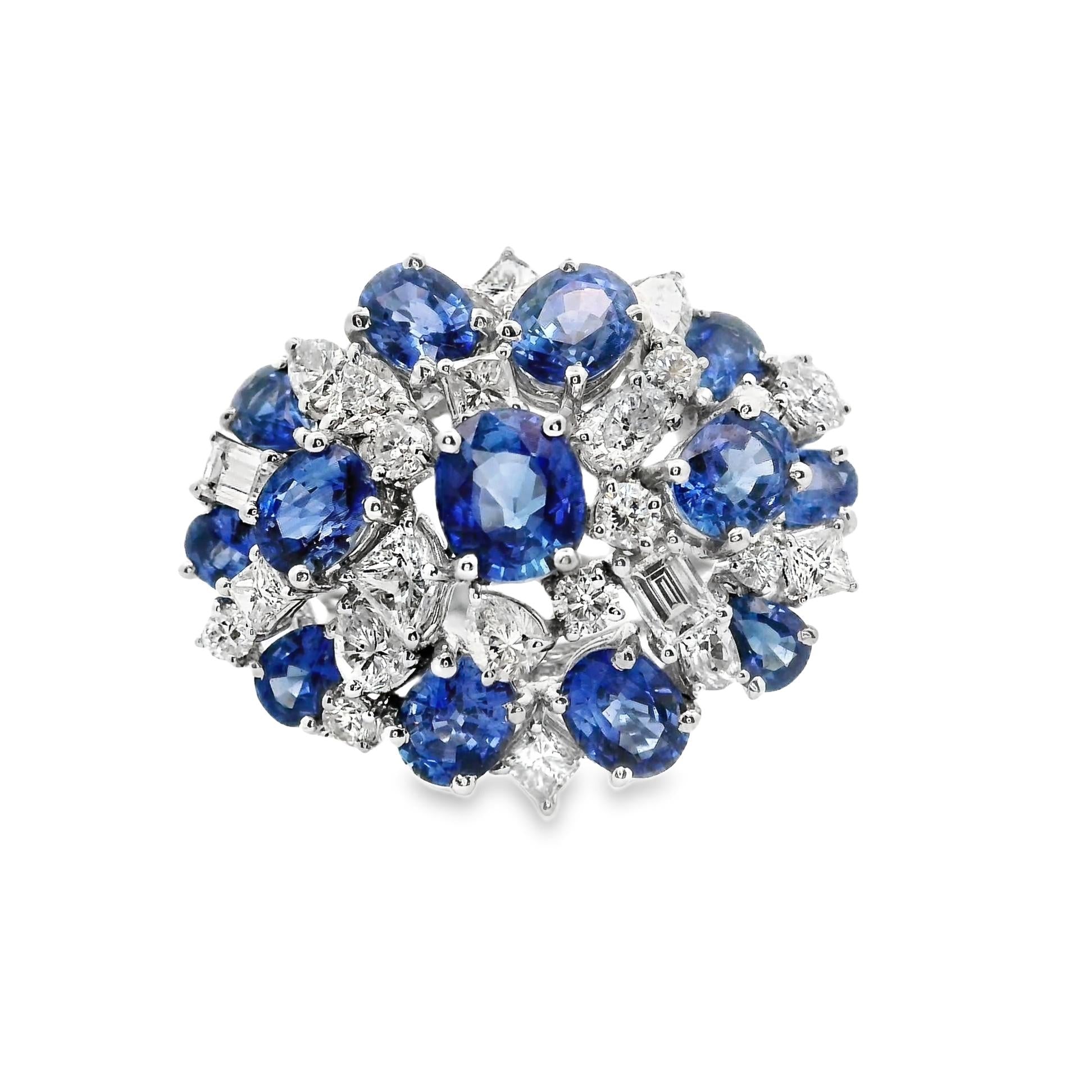 Blue Sapphire Diamond 18k White Gold Cluster Ring