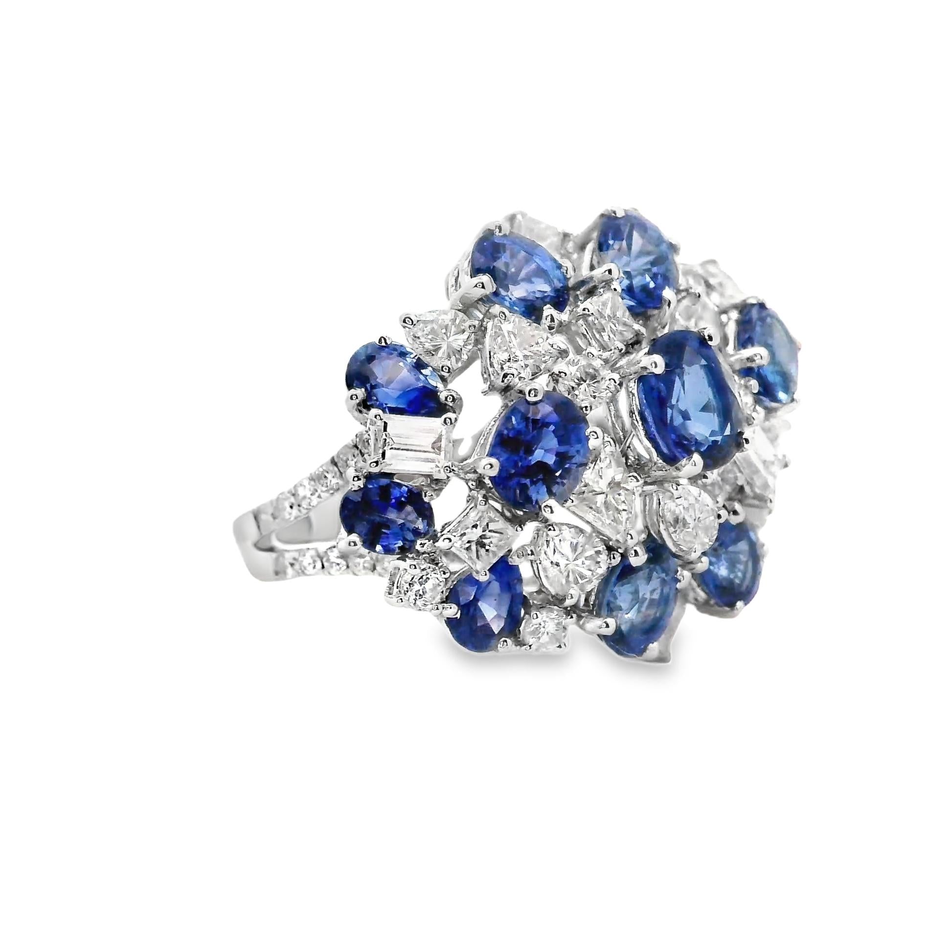 Blue Sapphire Diamond 18k White Gold Cluster Ring