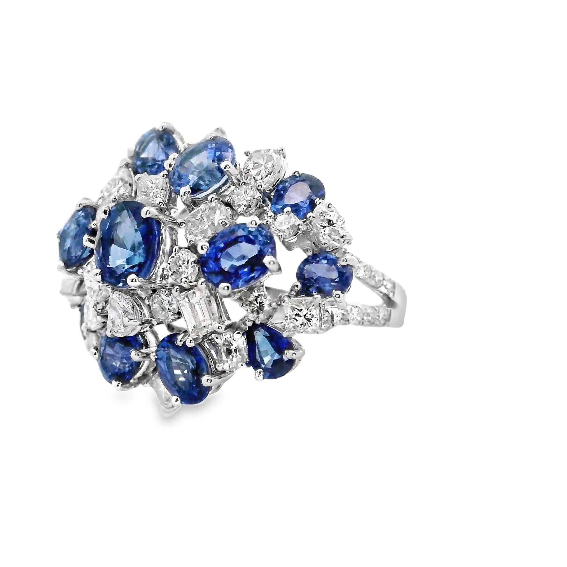 Blue Sapphire Diamond 18k White Gold Cluster Ring