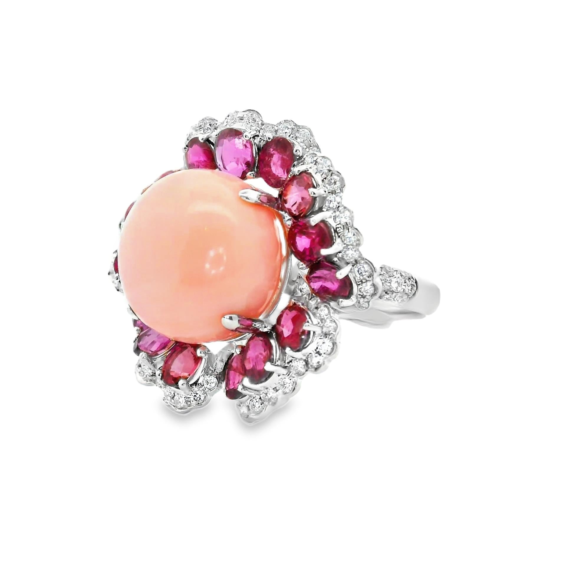 Angel Skin Coral Ruby Diamond 18k White Gold Floral Cocktail Ring