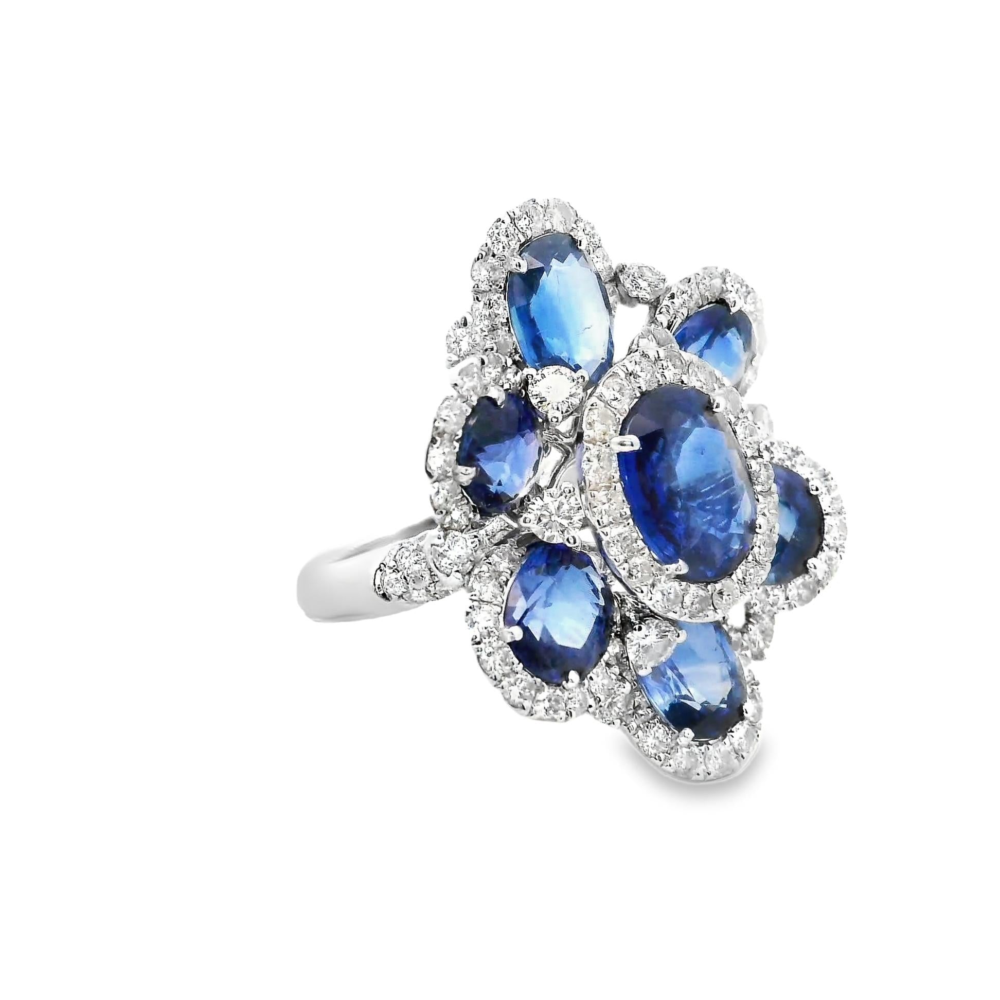 Sapphire Diamond 18k White Gold Flower Ring