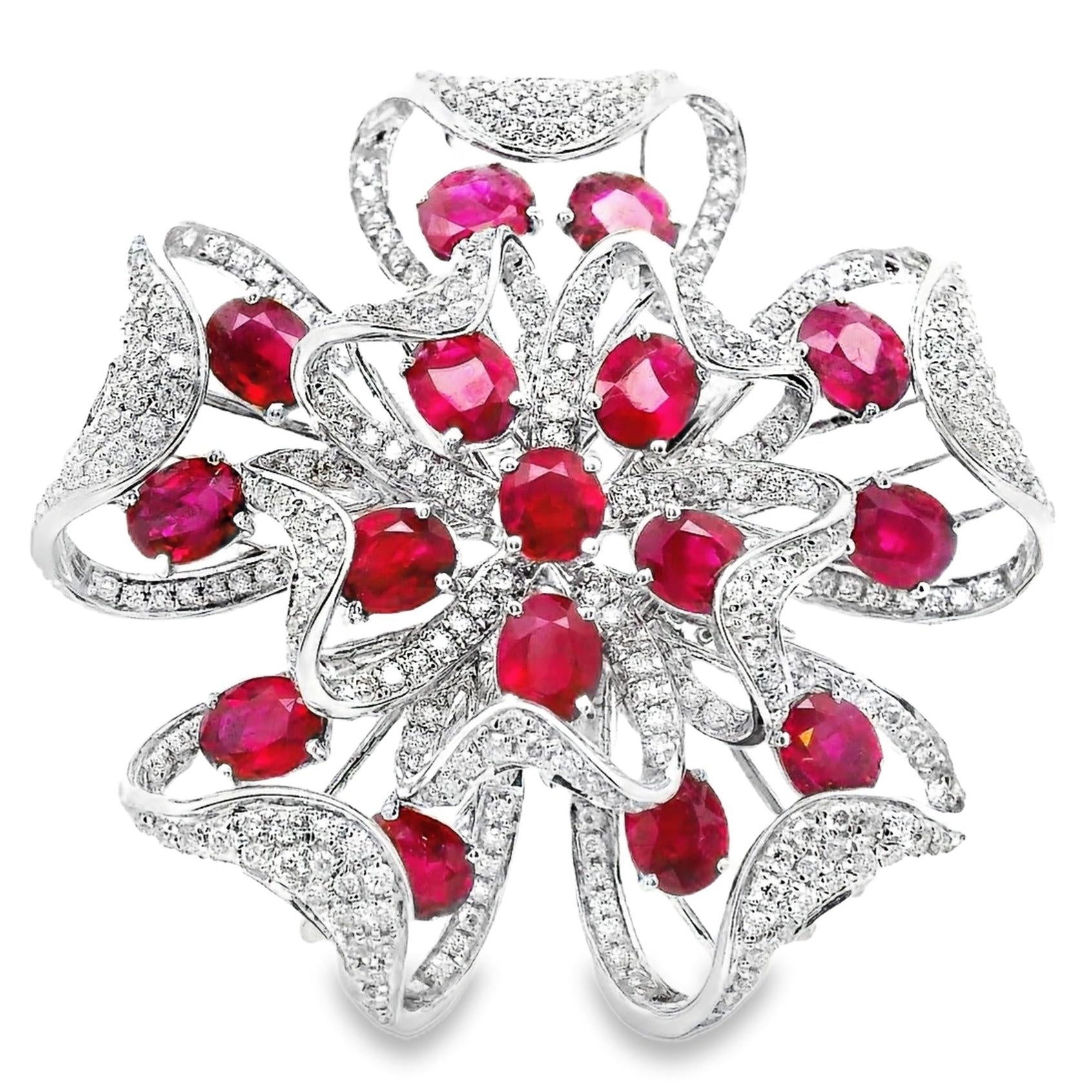 Large Ruby Diamond 18k White Gold Floral Cocktail Ring