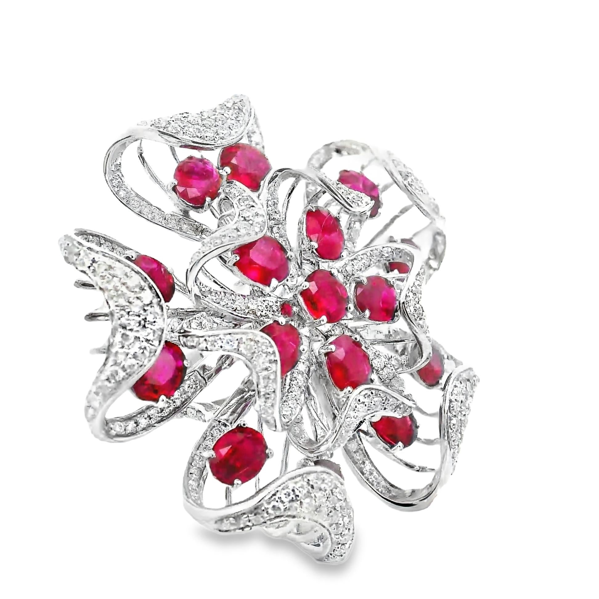 Large Ruby Diamond 18k White Gold Floral Cocktail Ring