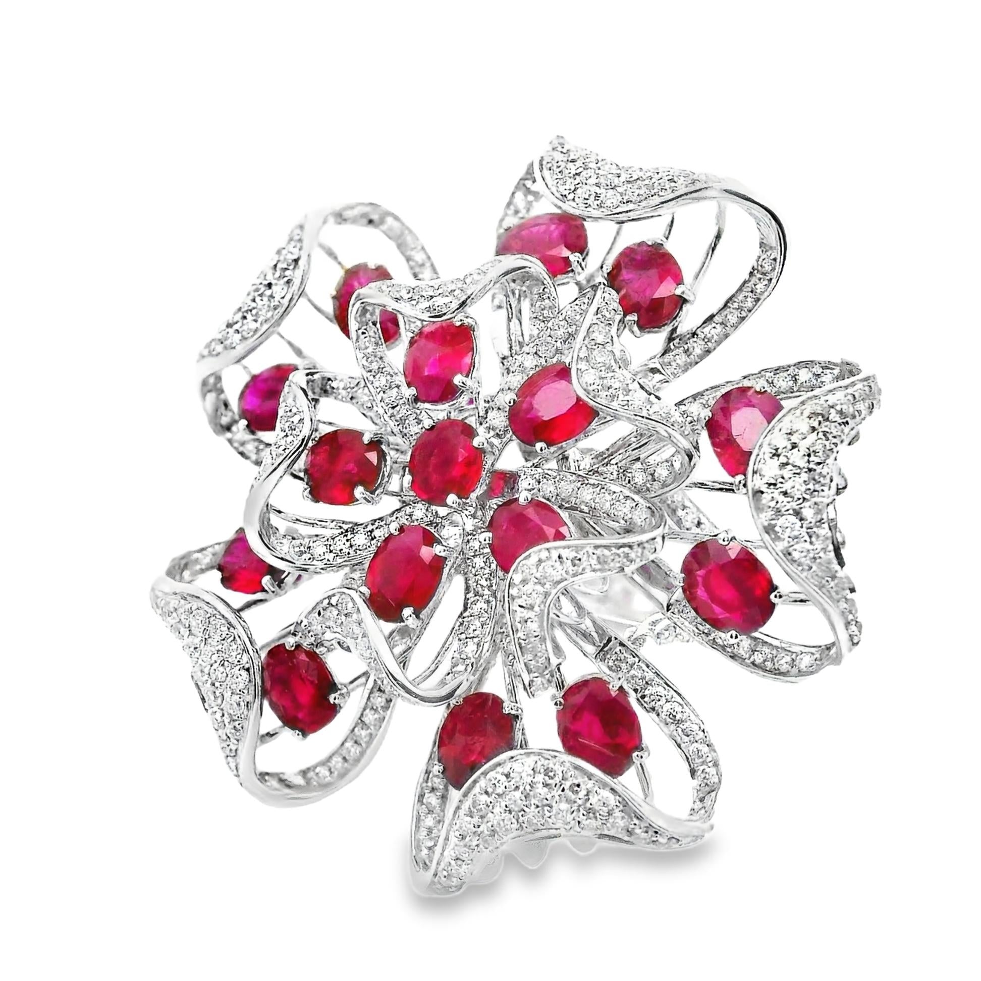 Large Ruby Diamond 18k White Gold Floral Cocktail Ring