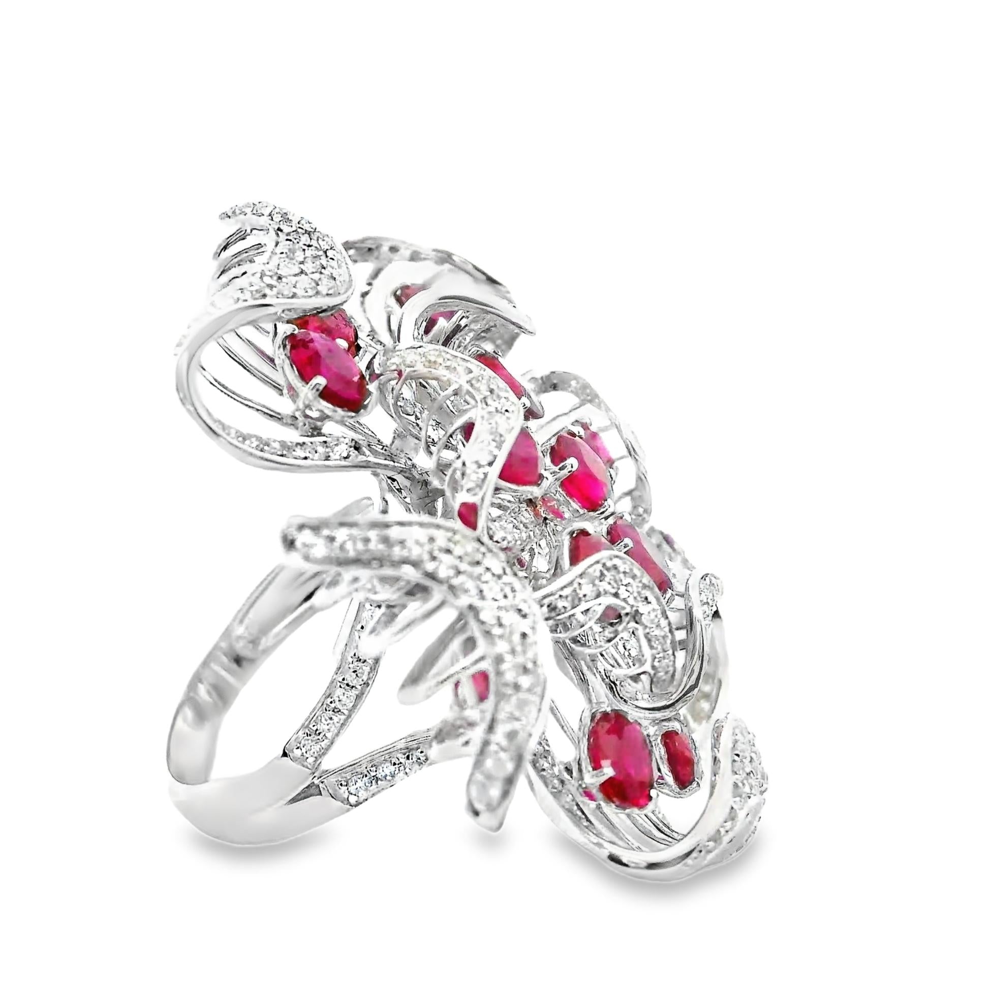 Large Ruby Diamond 18k White Gold Floral Cocktail Ring