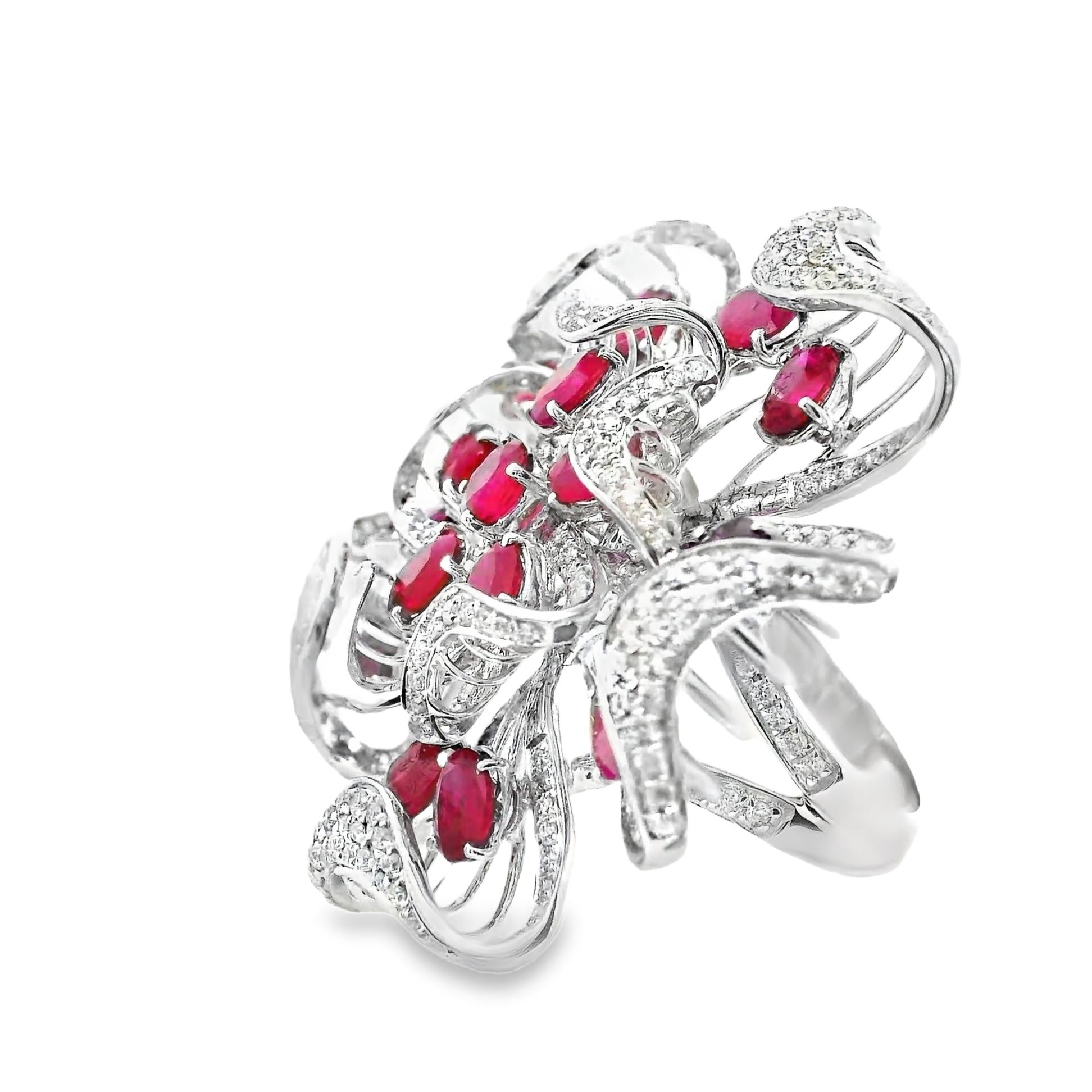 Large Ruby Diamond 18k White Gold Floral Cocktail Ring