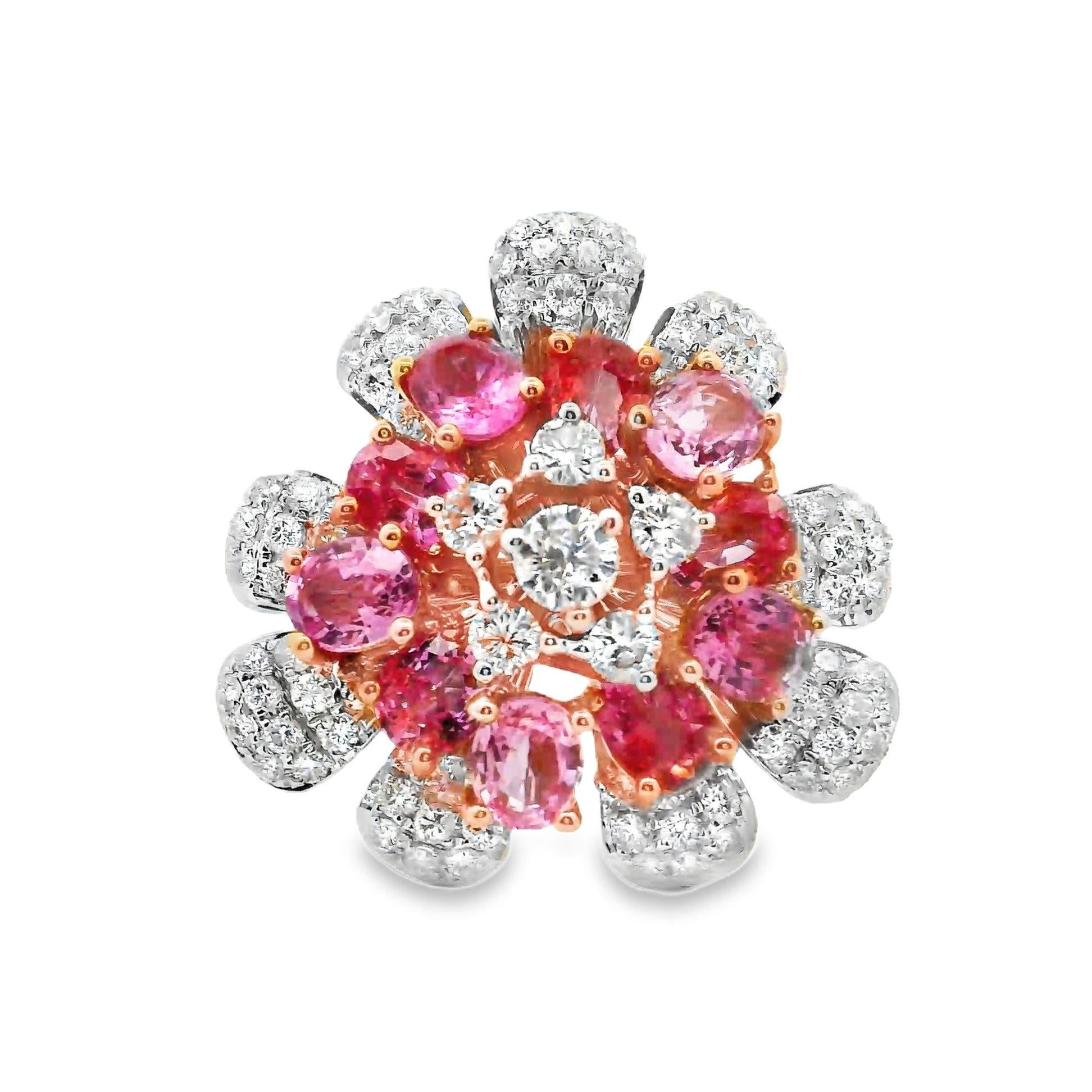 Padparadscha & Pink Sapphire Diamond 18k White Gold Flower Ring