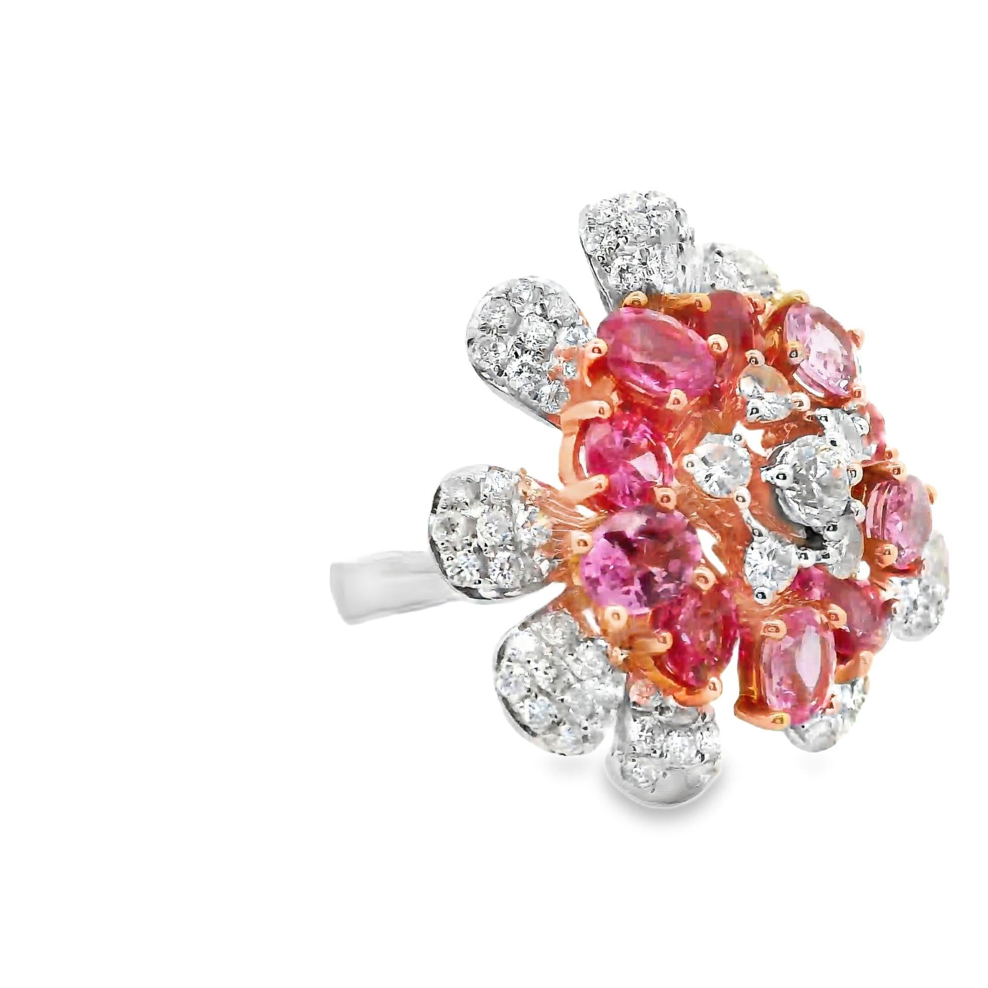 Padparadscha & Pink Sapphire Diamond 18k White Gold Flower Ring