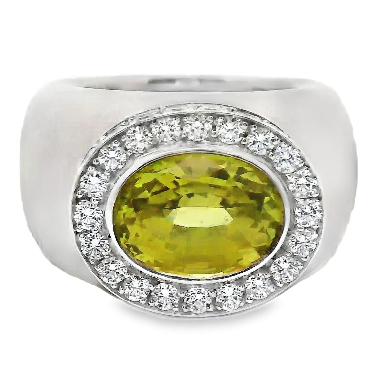 Large Chrysoberyl Diamond 18k White Gold Wide Band Ring, Unisex
