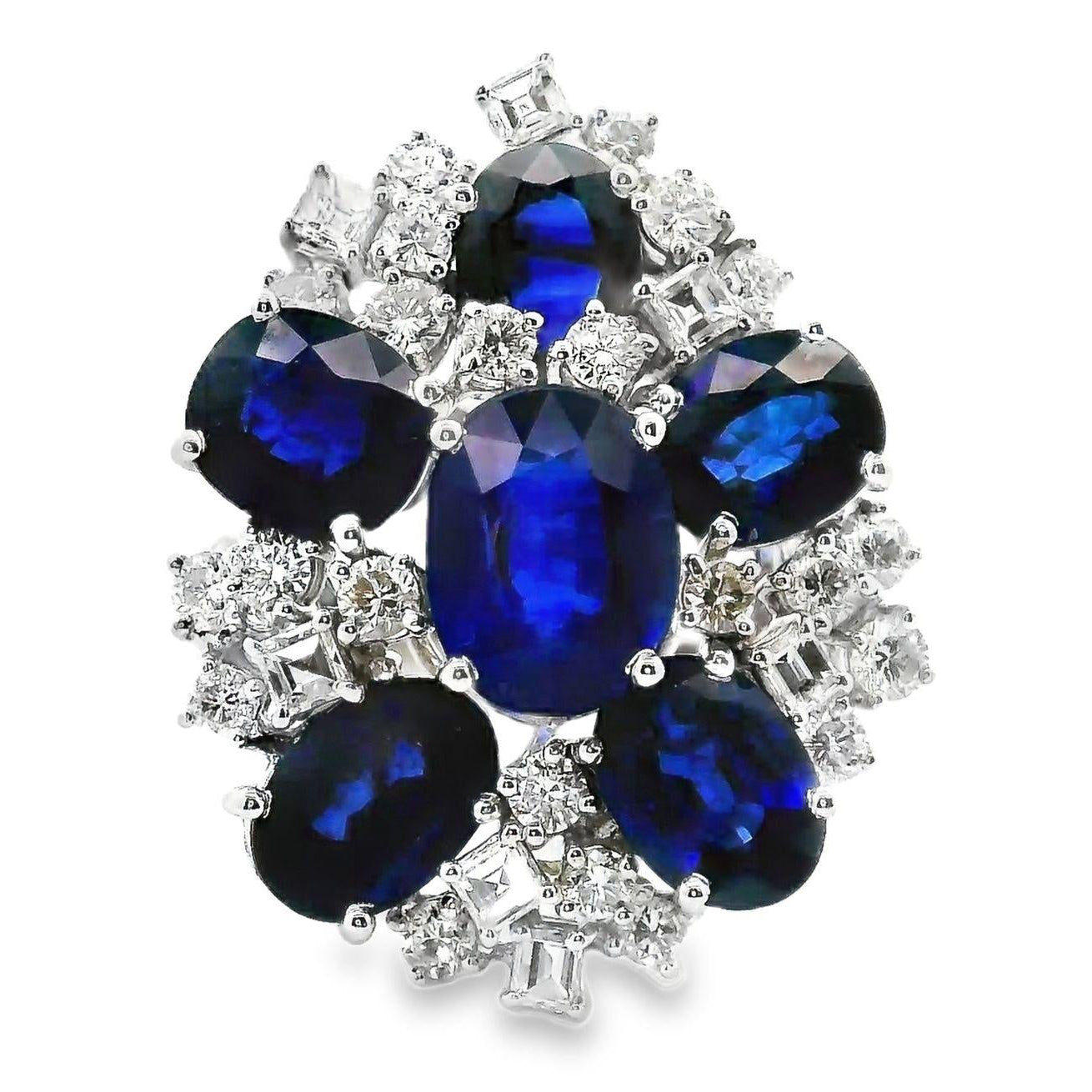 Blue Sapphire Diamond 18k White Gold Cluster Ring