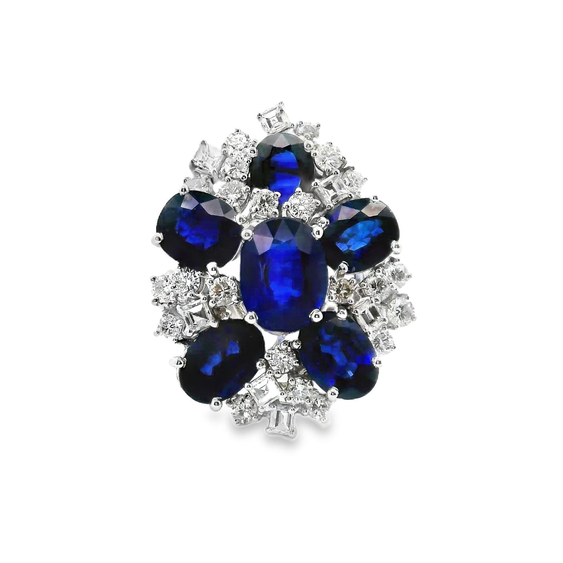 Blue Sapphire Diamond 18k White Gold Cluster Ring