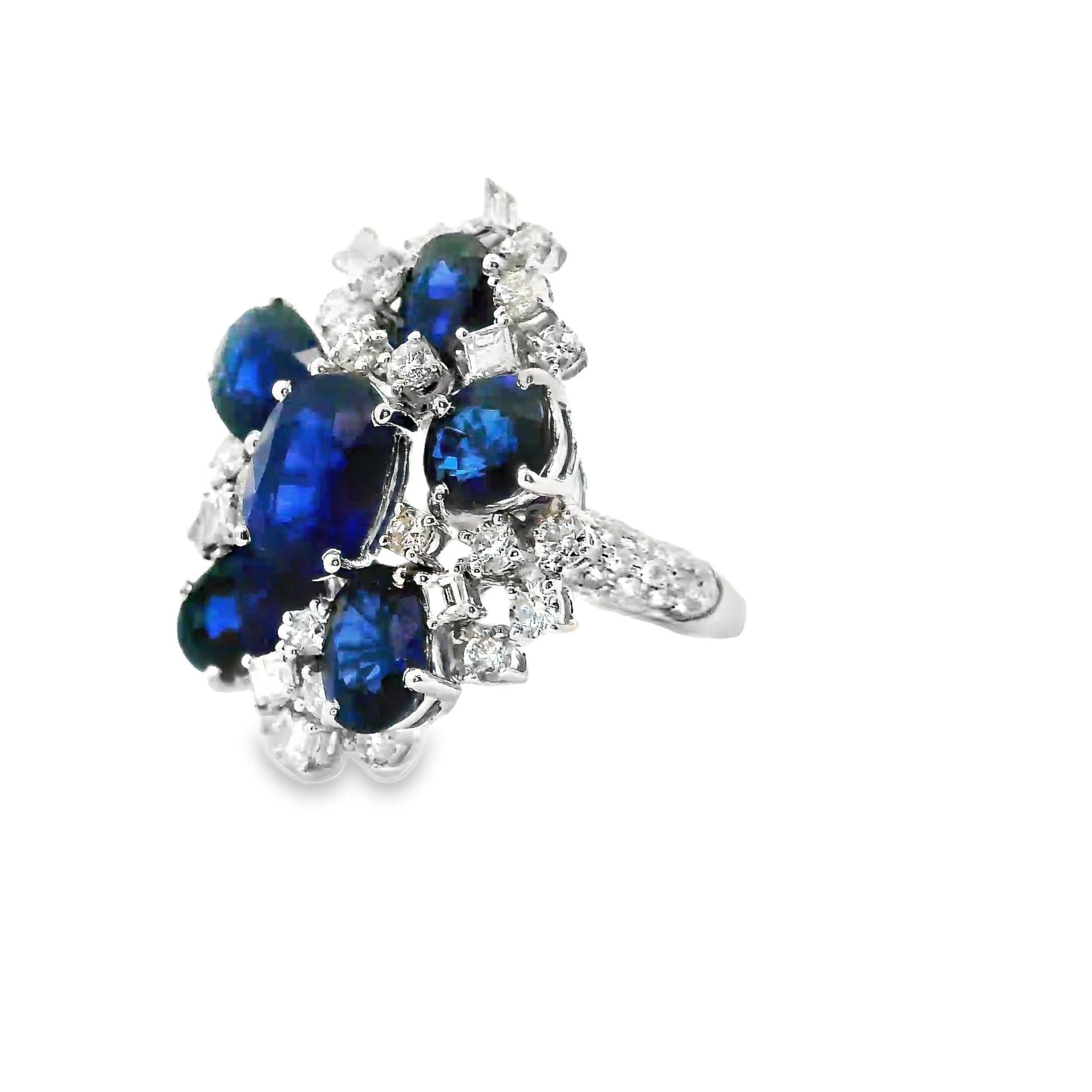 Blue Sapphire Diamond 18k White Gold Cluster Ring