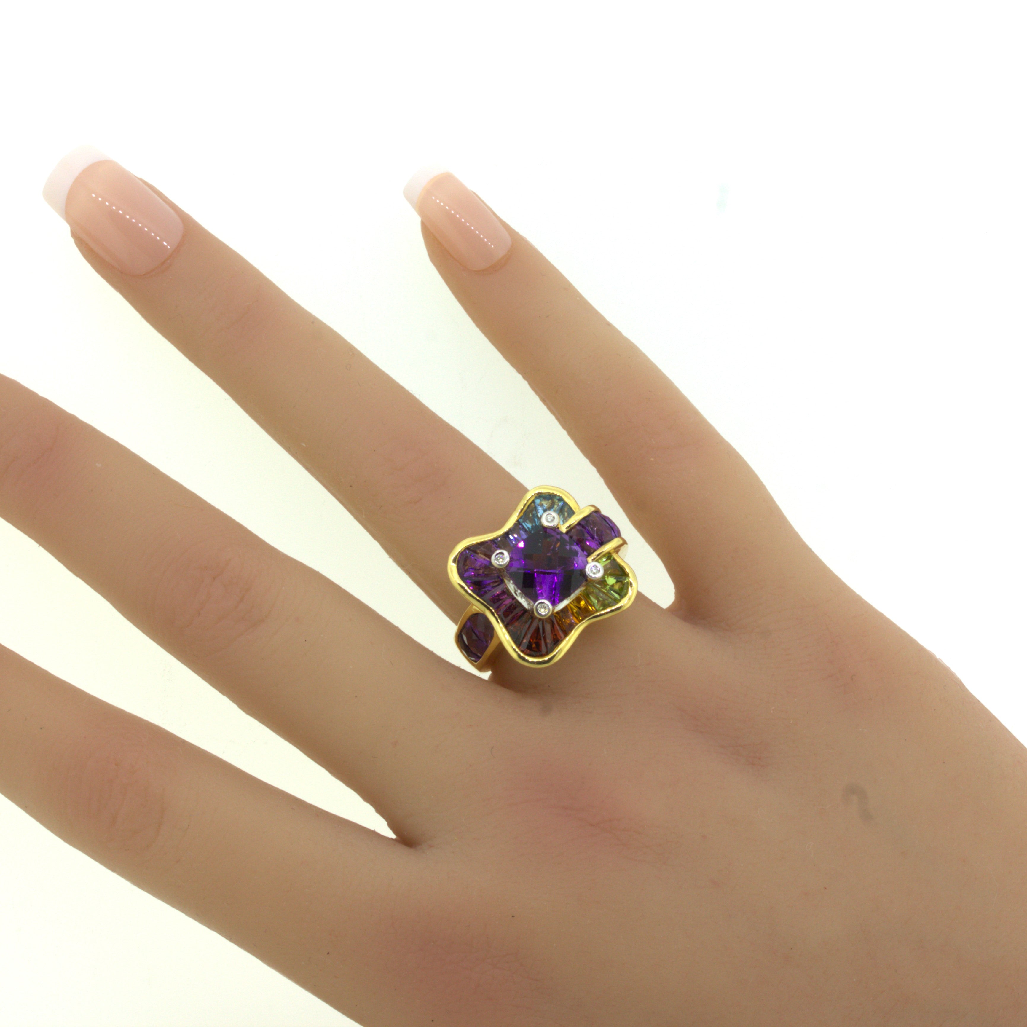 Bellarri Amethyst Diamond Multi-Color Gemstone 18K Yellow Gold Ring