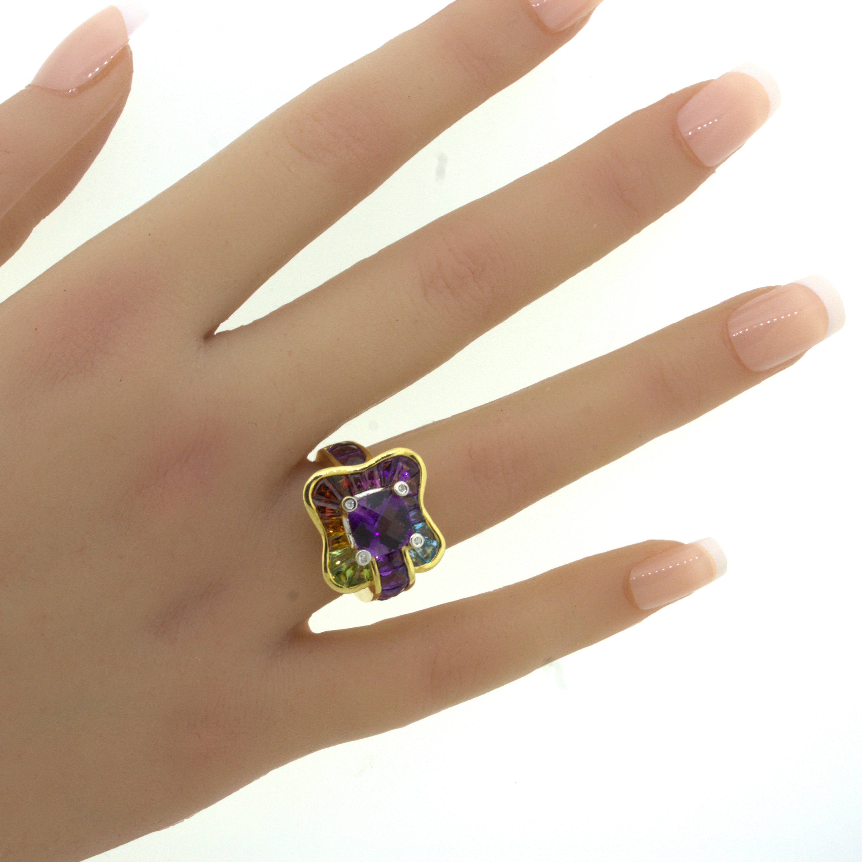 Bellarri Amethyst Diamond Multi-Color Gemstone 18K Yellow Gold Ring