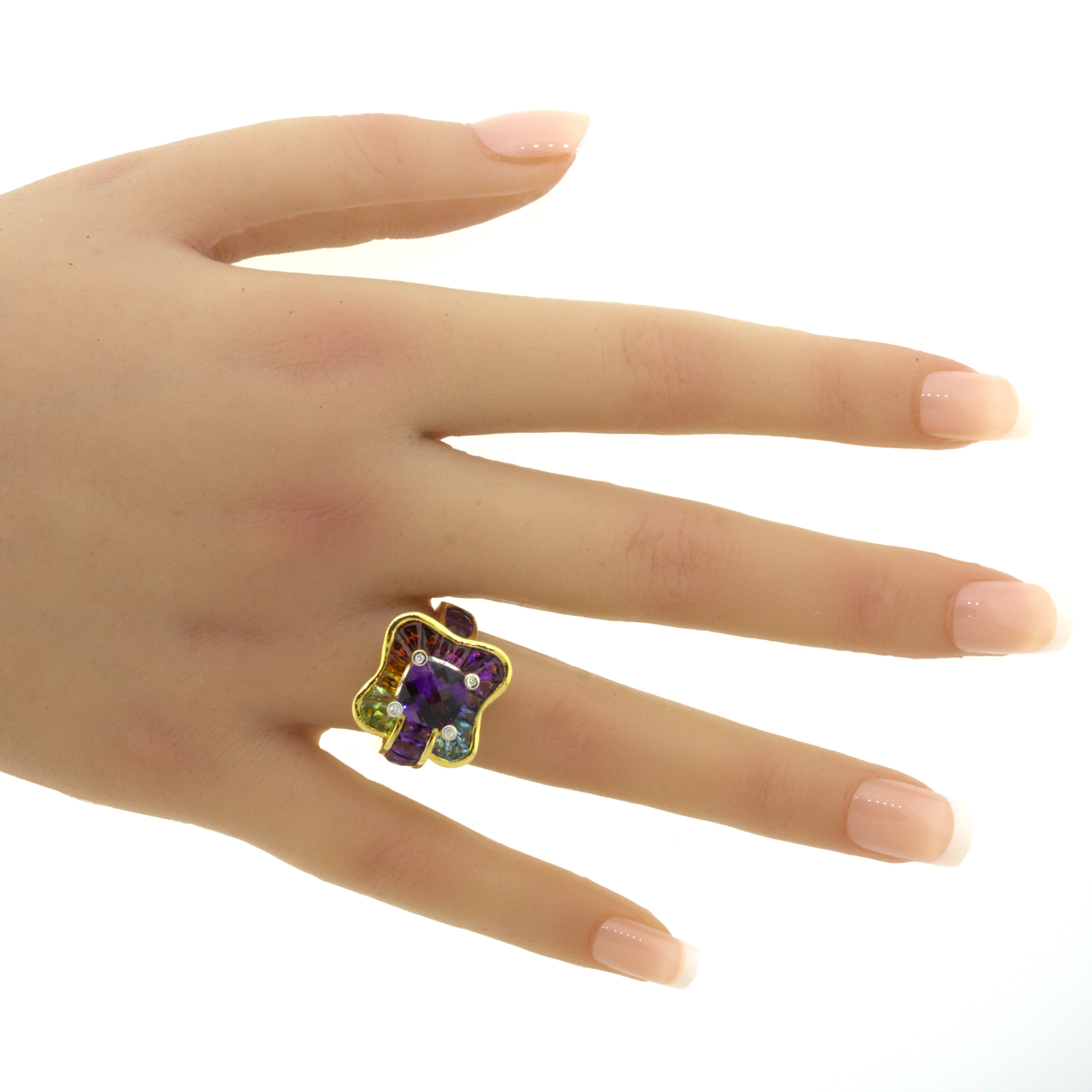 Bellarri Amethyst Diamond Multi-Color Gemstone 18K Yellow Gold Ring