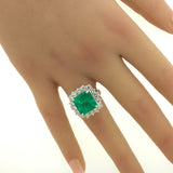 7.60 Carat Colombian Emerald Diamond Halo Platinum Ring, GRS Certified