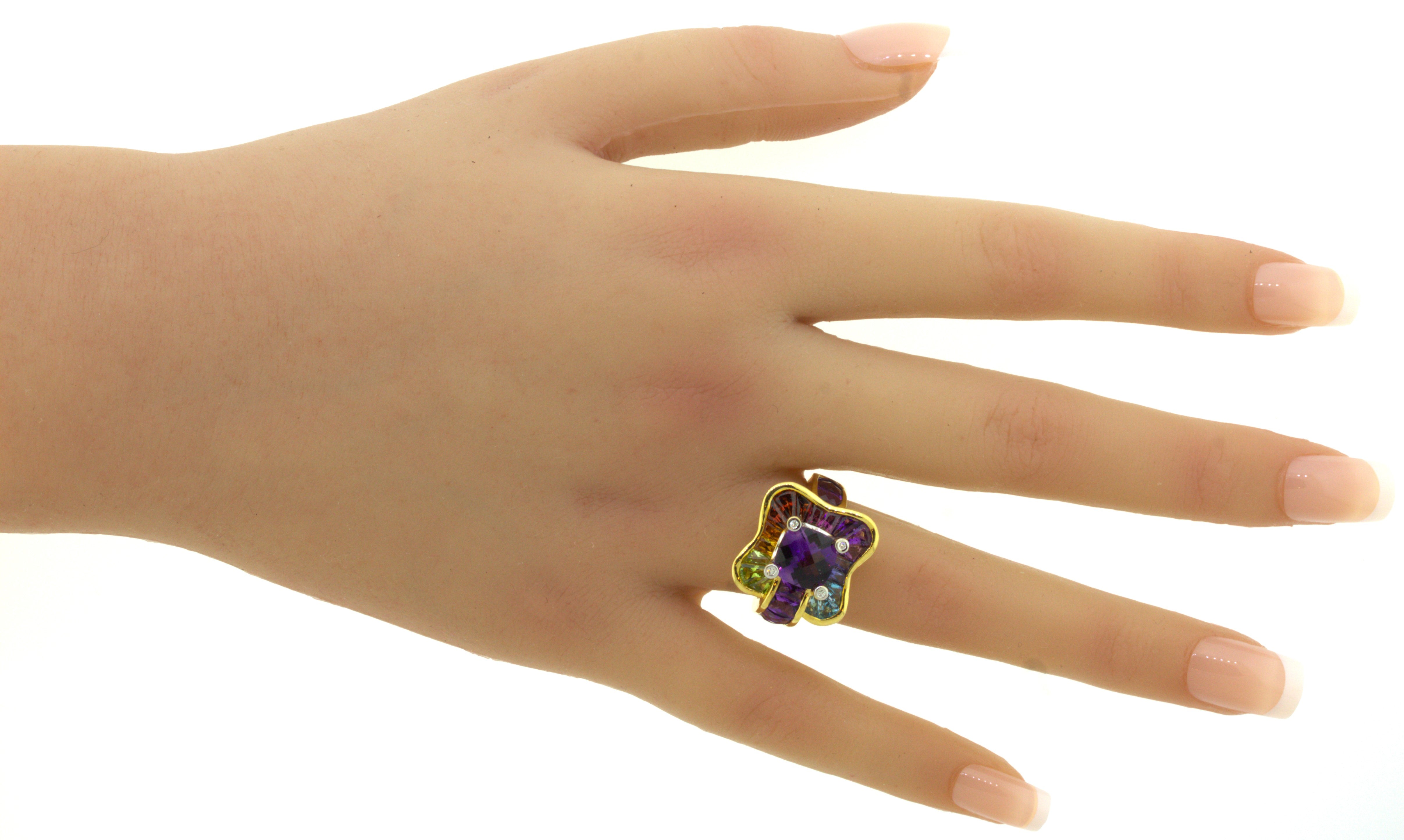 Bellarri Amethyst Diamond Multi-Color Gemstone 18K Yellow Gold Ring