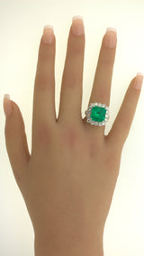7.60 Carat Colombian Emerald Diamond Halo Platinum Ring, GRS Certified