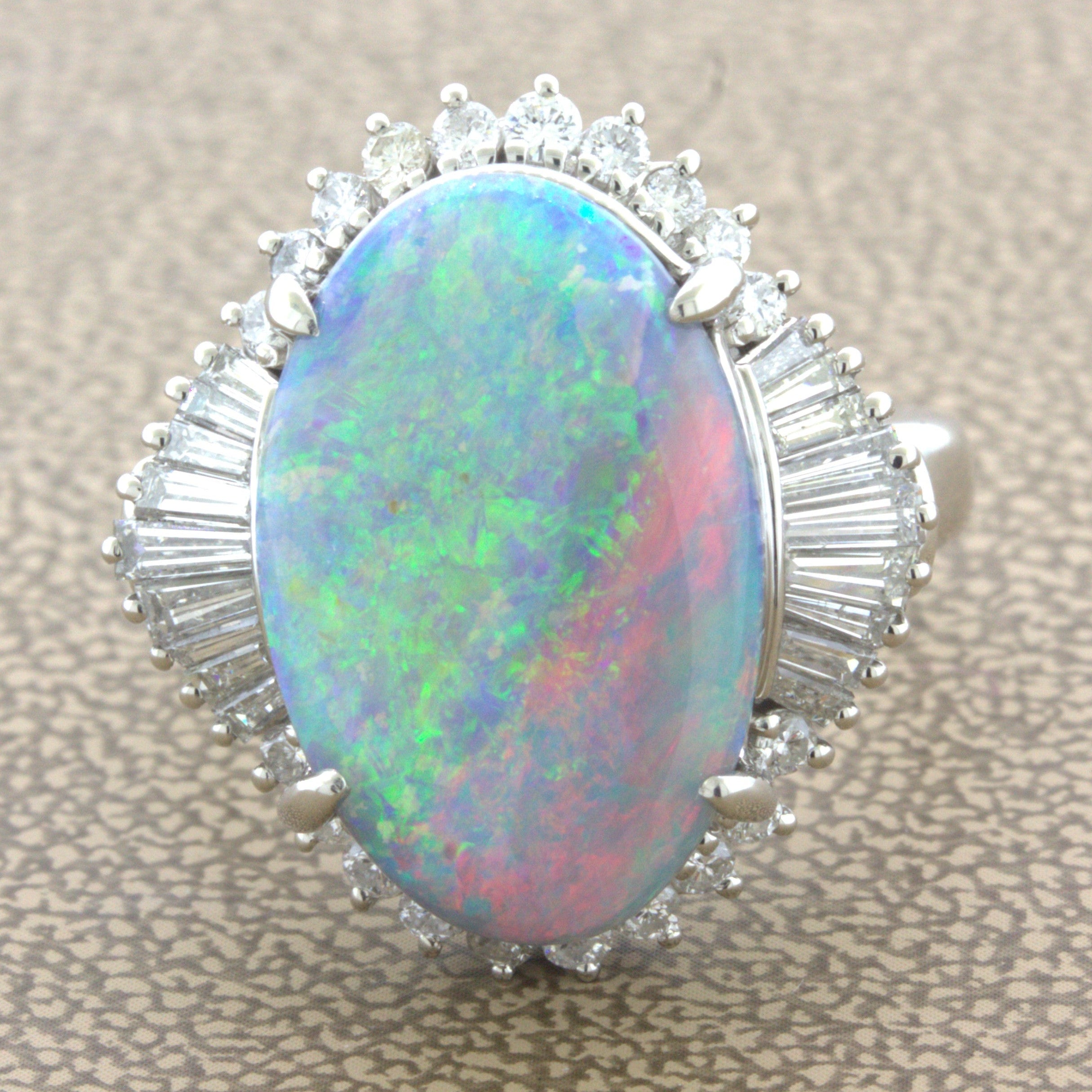 Unique Australian Opal “Double-Color” Diamond Platinum Cocktail Ring