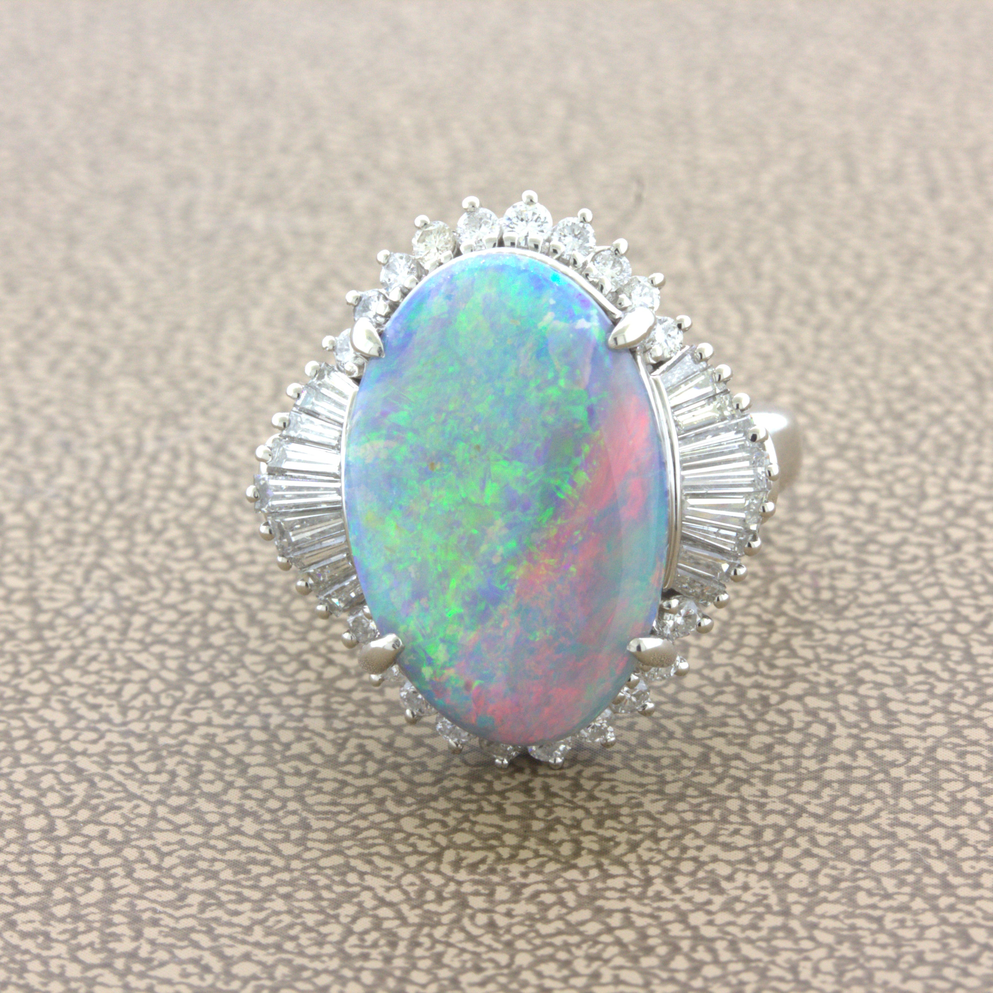 Unique Australian Opal “Double-Color” Diamond Platinum Cocktail Ring