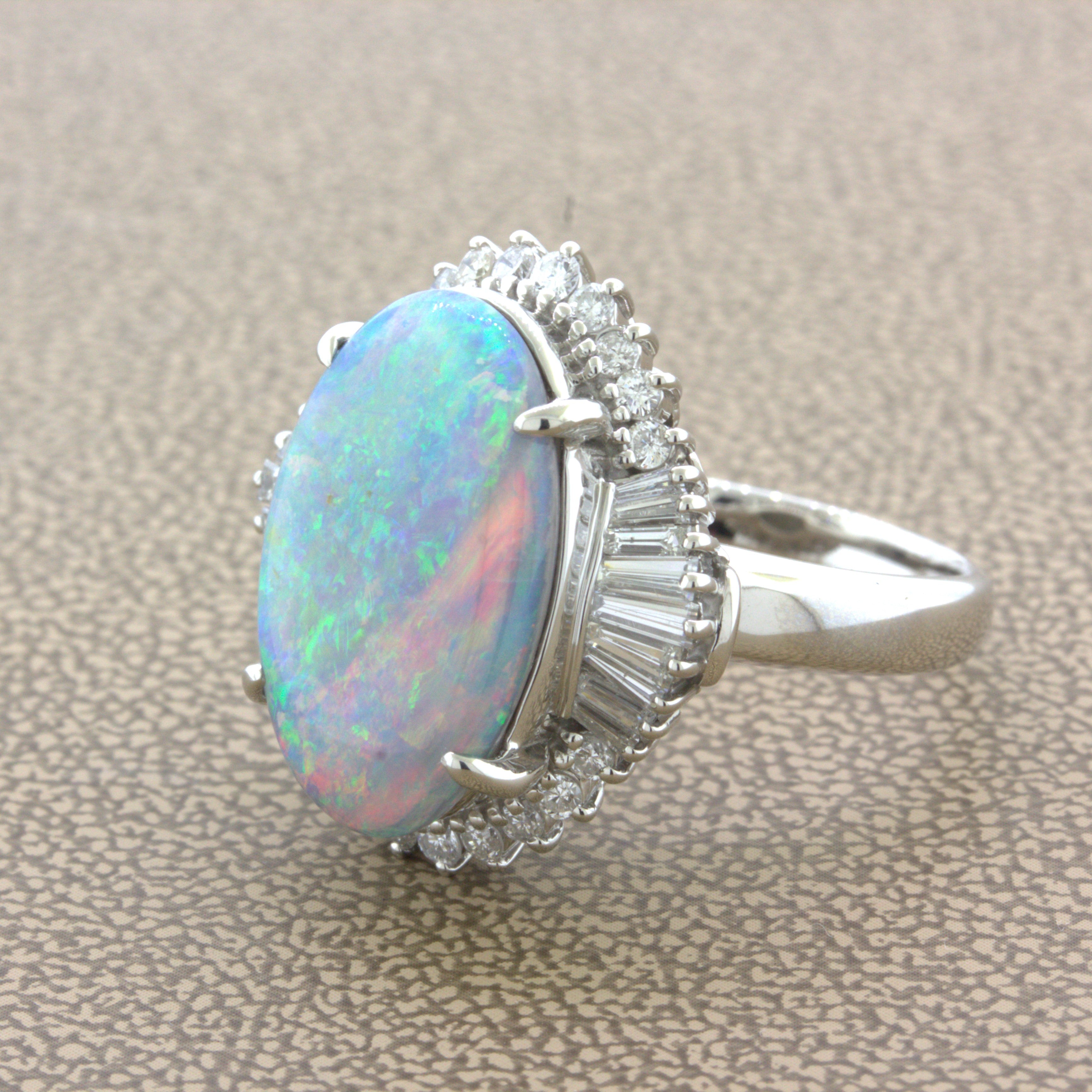 Unique Australian Opal “Double-Color” Diamond Platinum Cocktail Ring