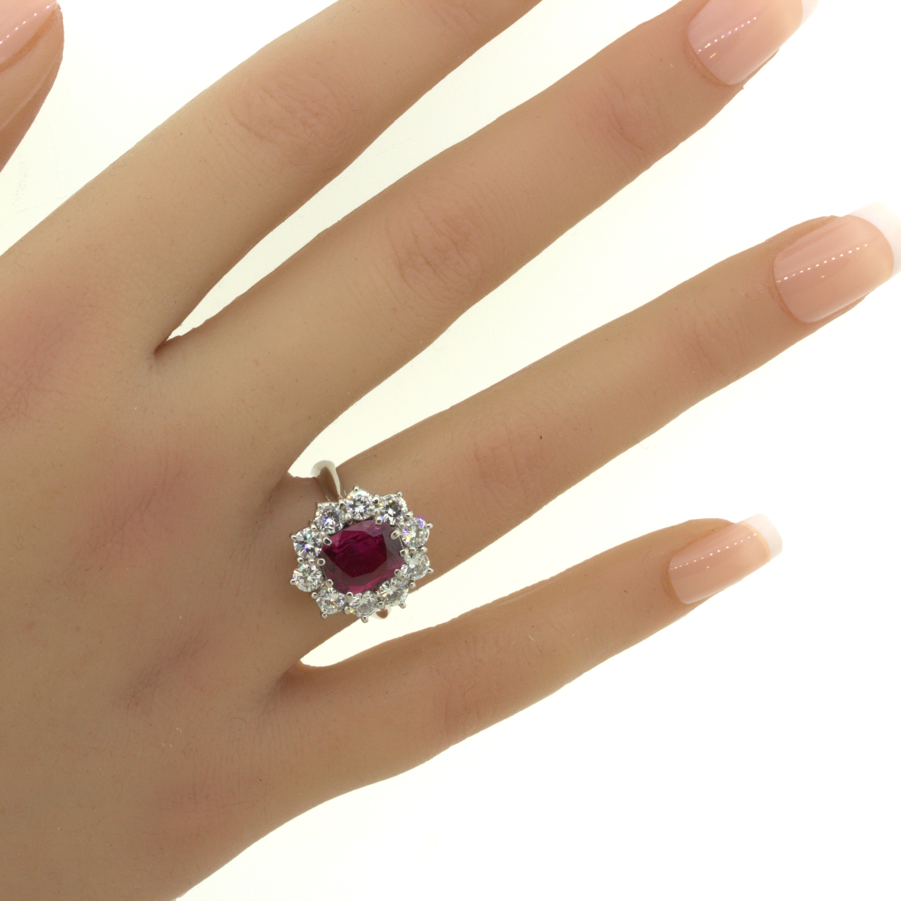 2.58 Carat Ruby Diamond Princess Diana Platinum Ring, GIA Certified