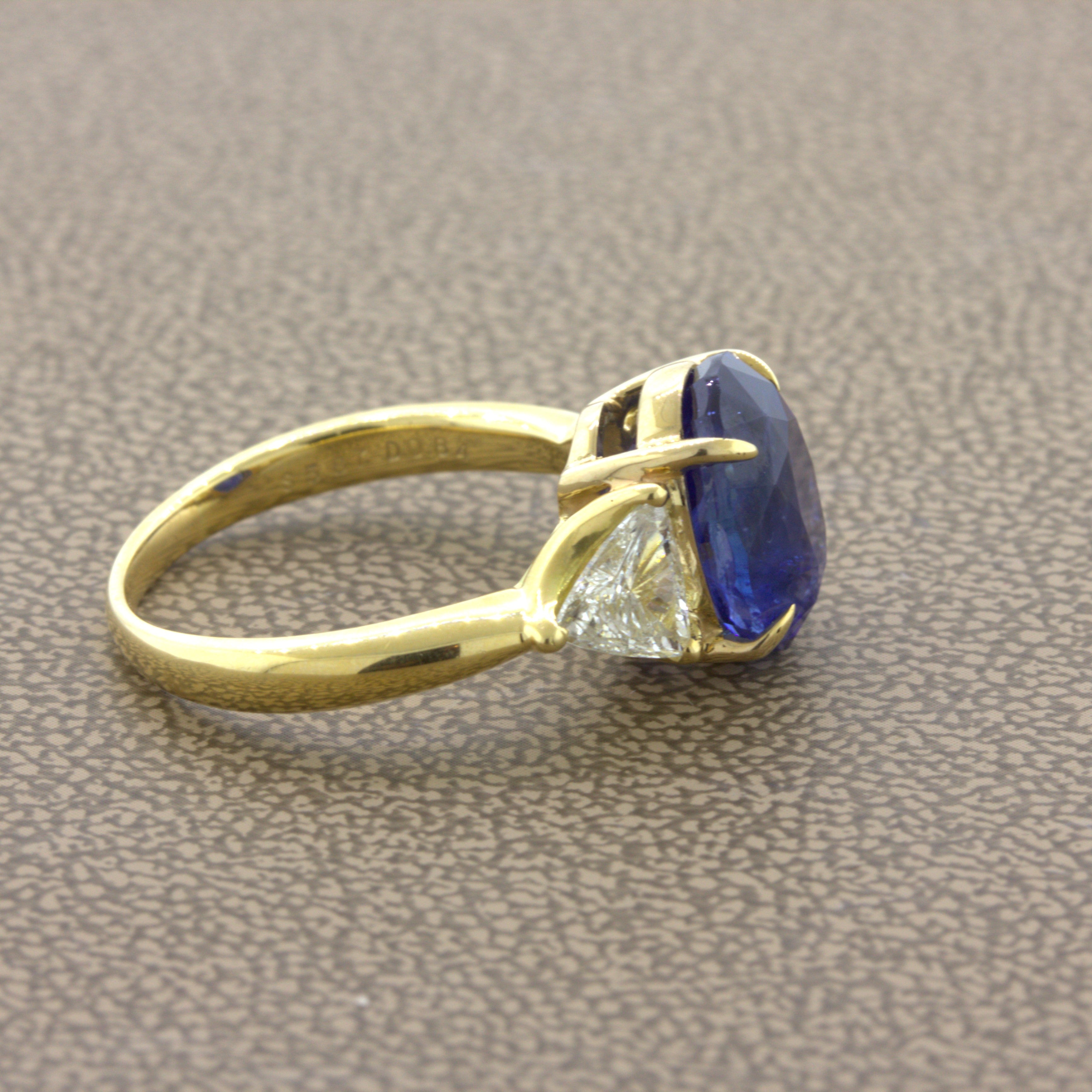 5.87 Carat Blue Sapphire Diamond 18k Yellow Gold 3-Stone Ring, GIA Certified