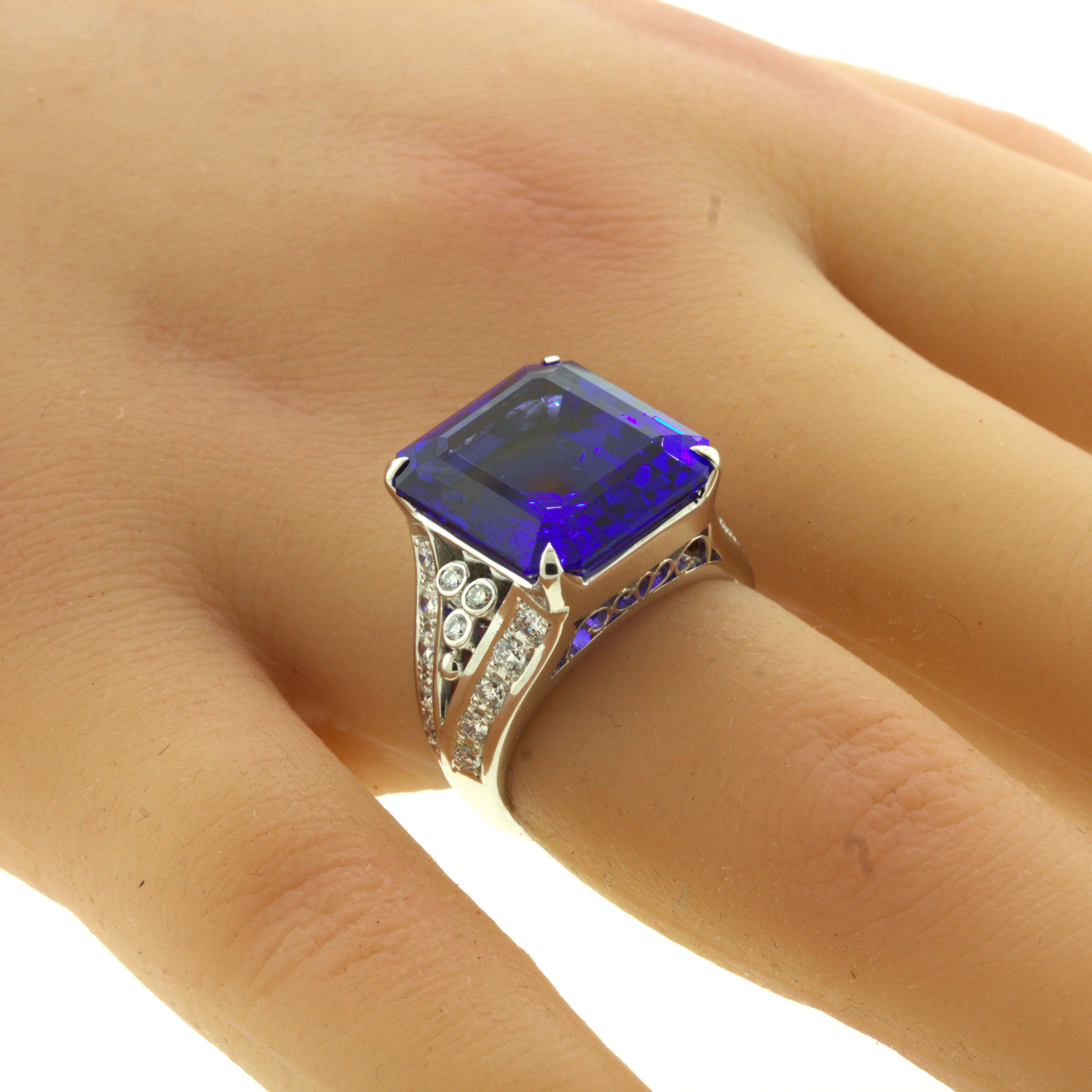 13.66 Carat Tanzanite Diamond Platinum Cocktail Ring