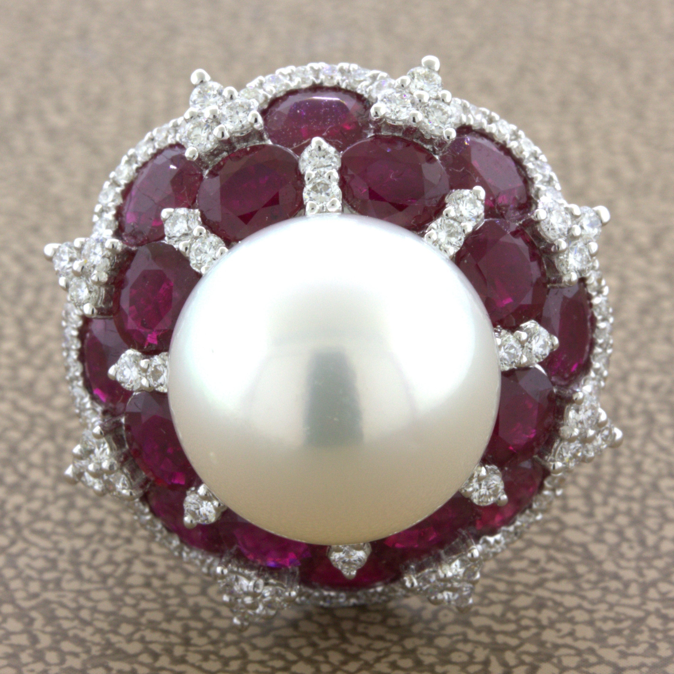 15mm South Sea Pearl Ruby Diamond 18k White Gold Cocktail Ring
