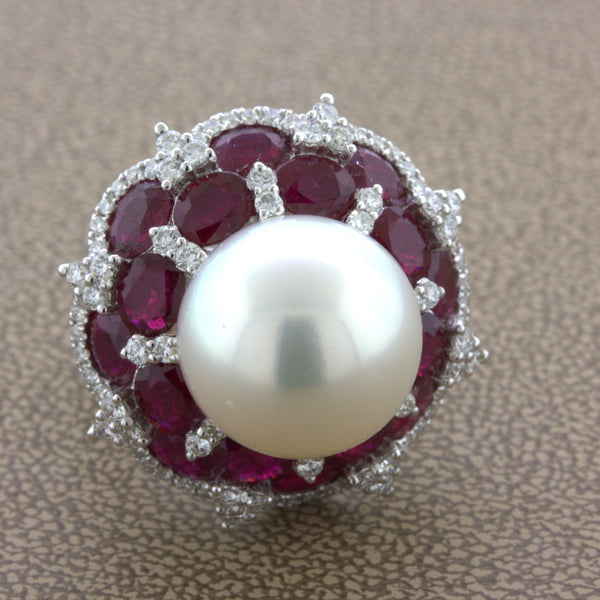 15mm South Sea Pearl Ruby Diamond 18k White Gold Cocktail Ring
