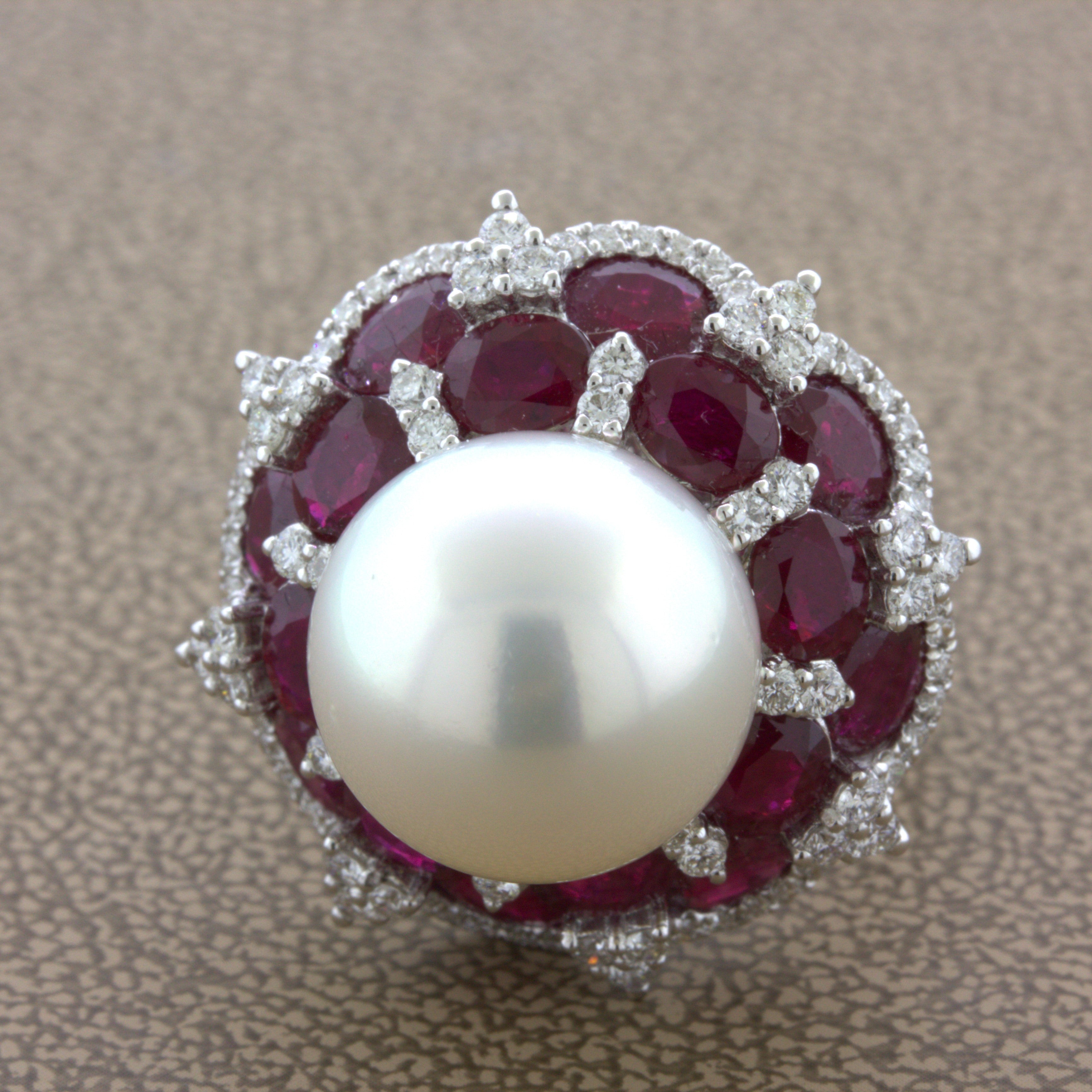 15mm South Sea Pearl Ruby Diamond 18k White Gold Cocktail Ring