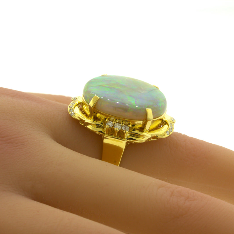 Australian Crystal Opal Diamond 18K Yellow Gold Cocktail Ring
