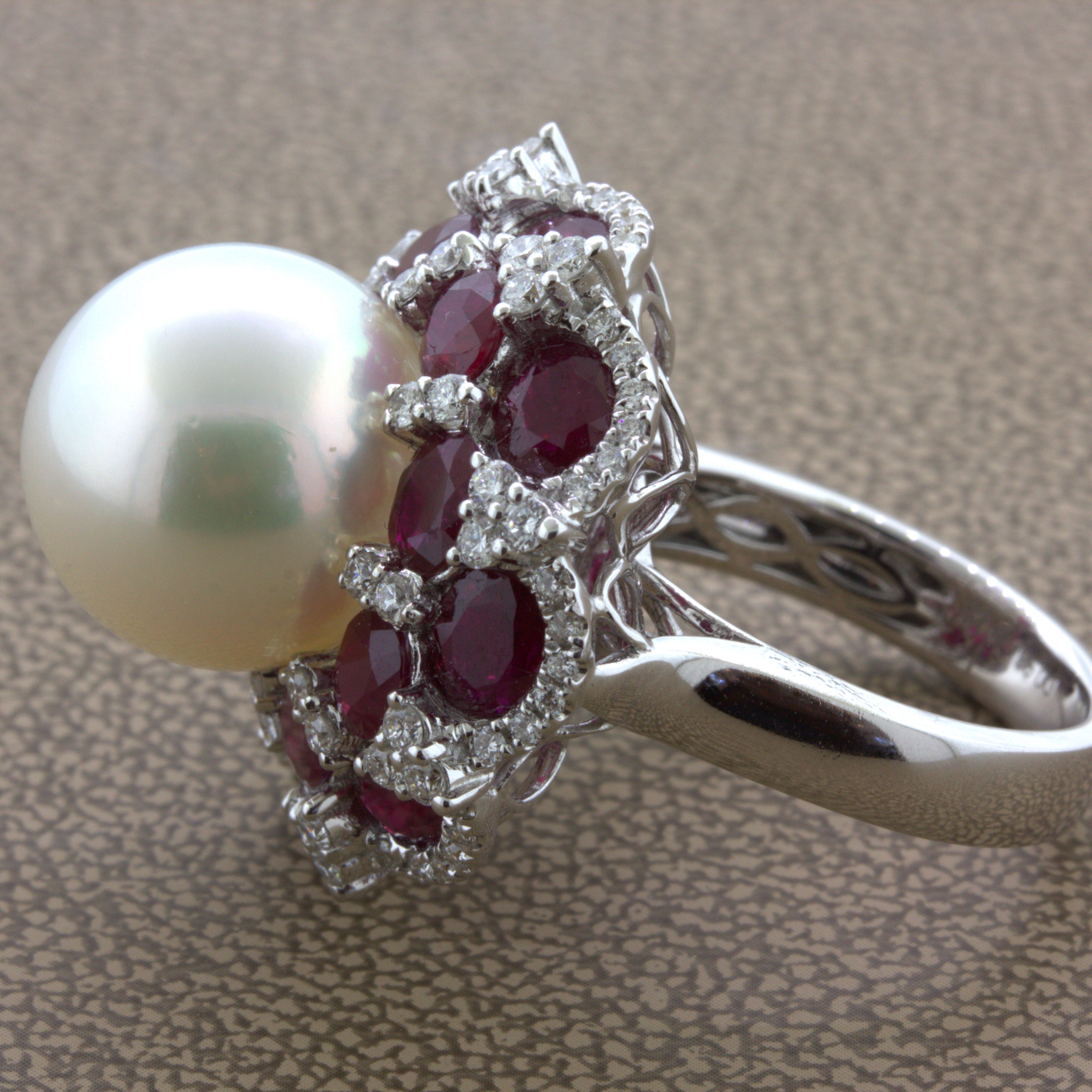 15mm South Sea Pearl Ruby Diamond 18k White Gold Cocktail Ring