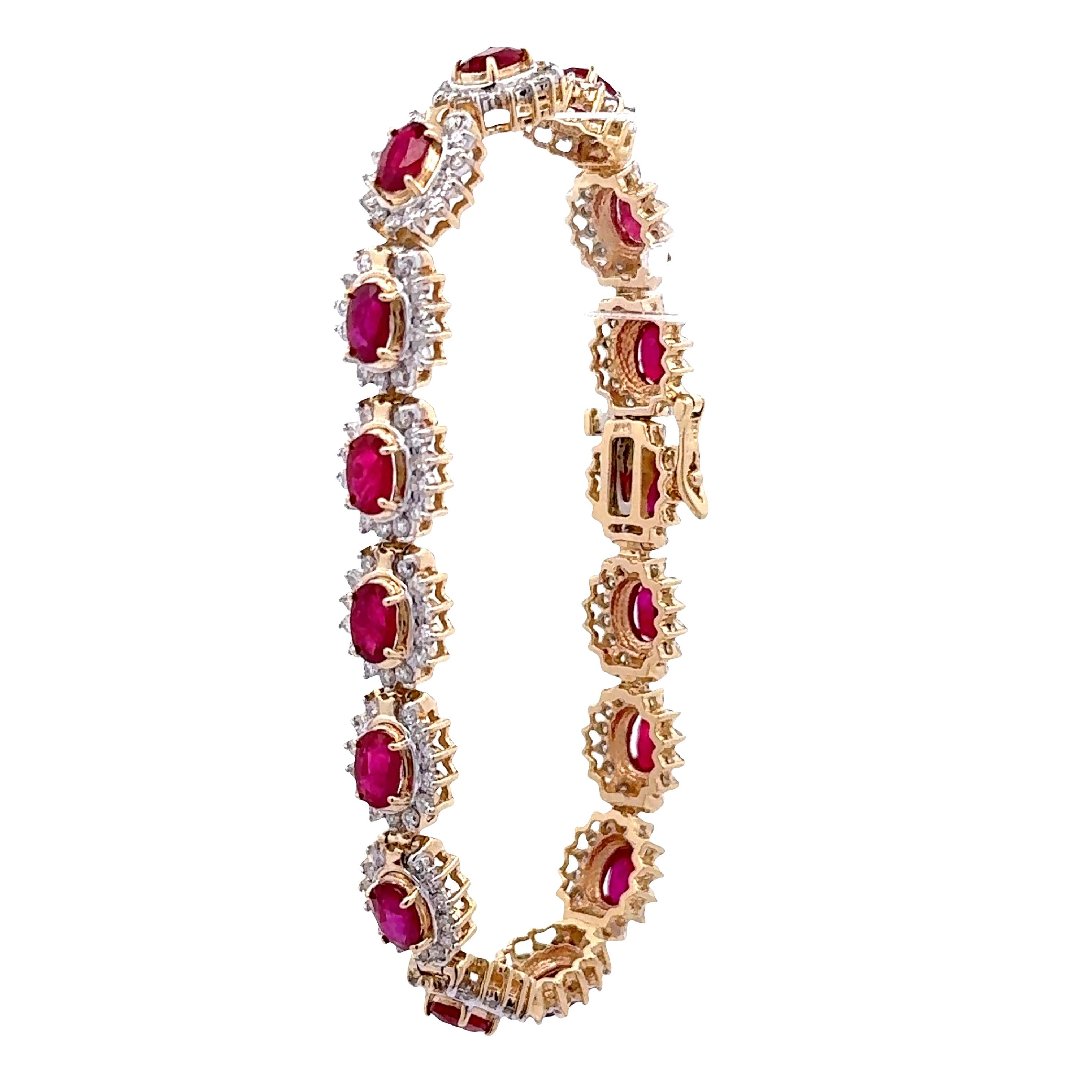 Ruby Diamond Halo 14k Yellow Gold Bracelet