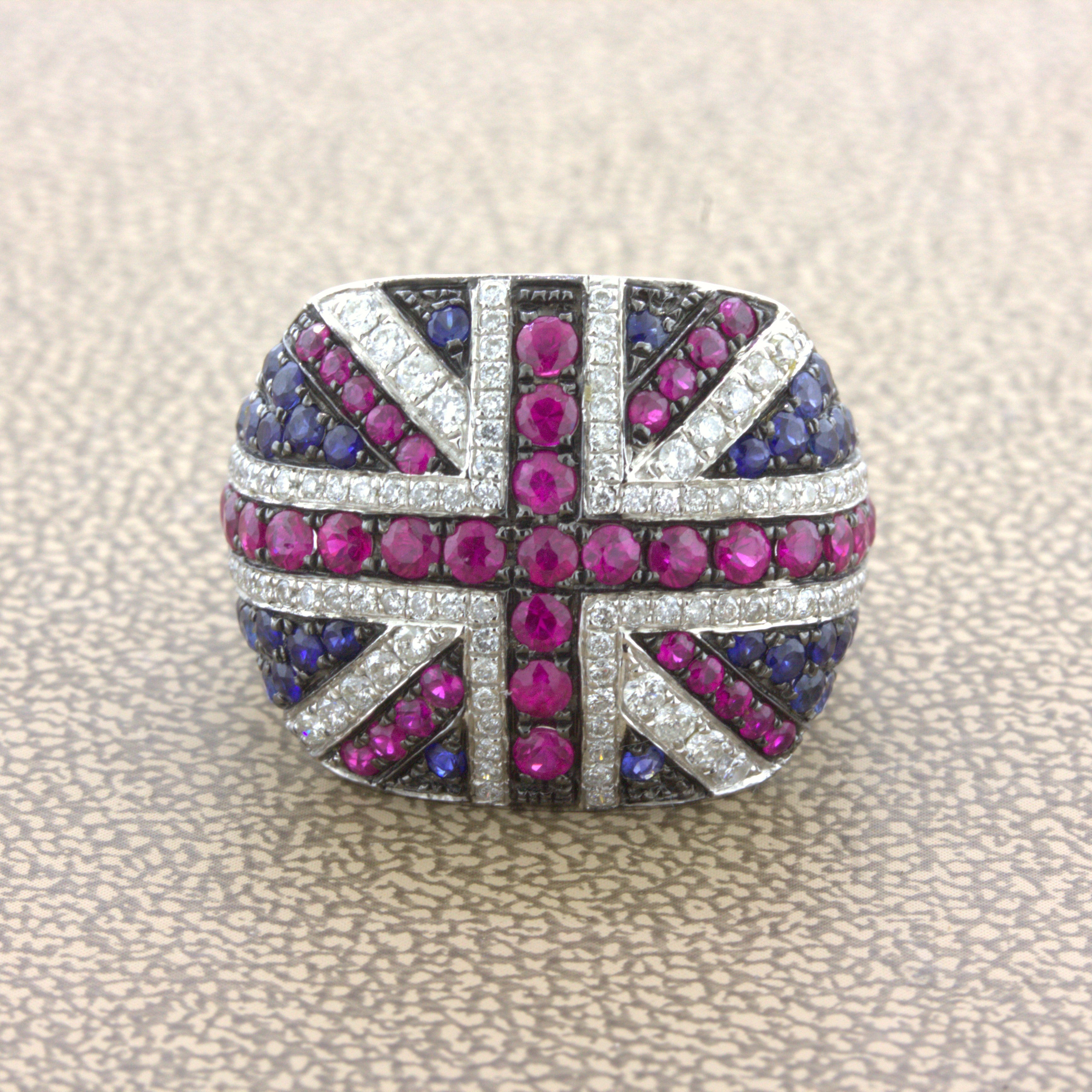 Diamond Ruby Sapphire 18k White Gold “Flag of United Kingdom” Ring