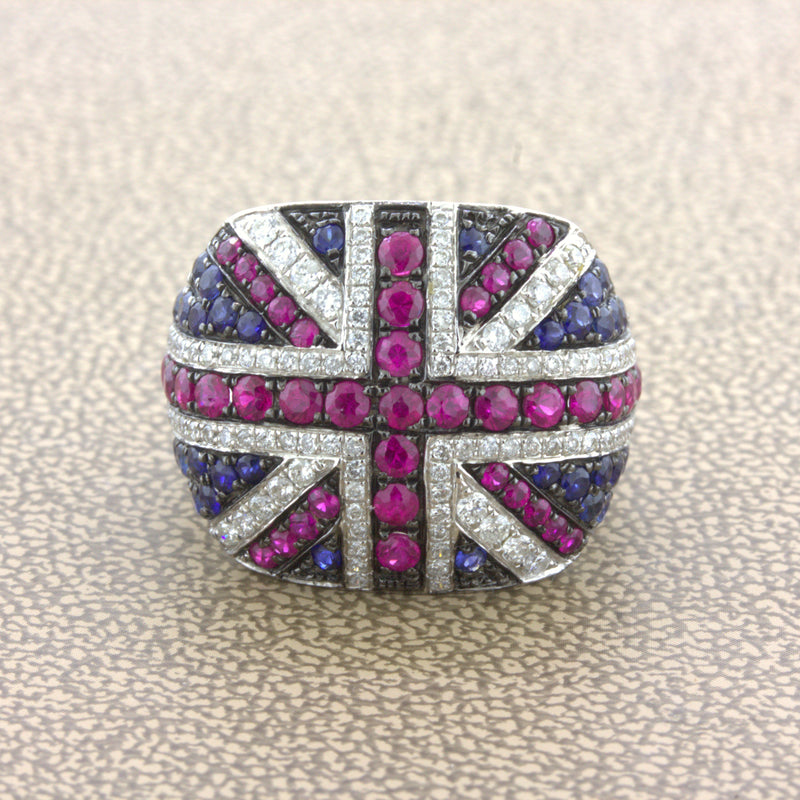 Diamond Ruby Sapphire 18k White Gold “Flag of United Kingdom” Ring