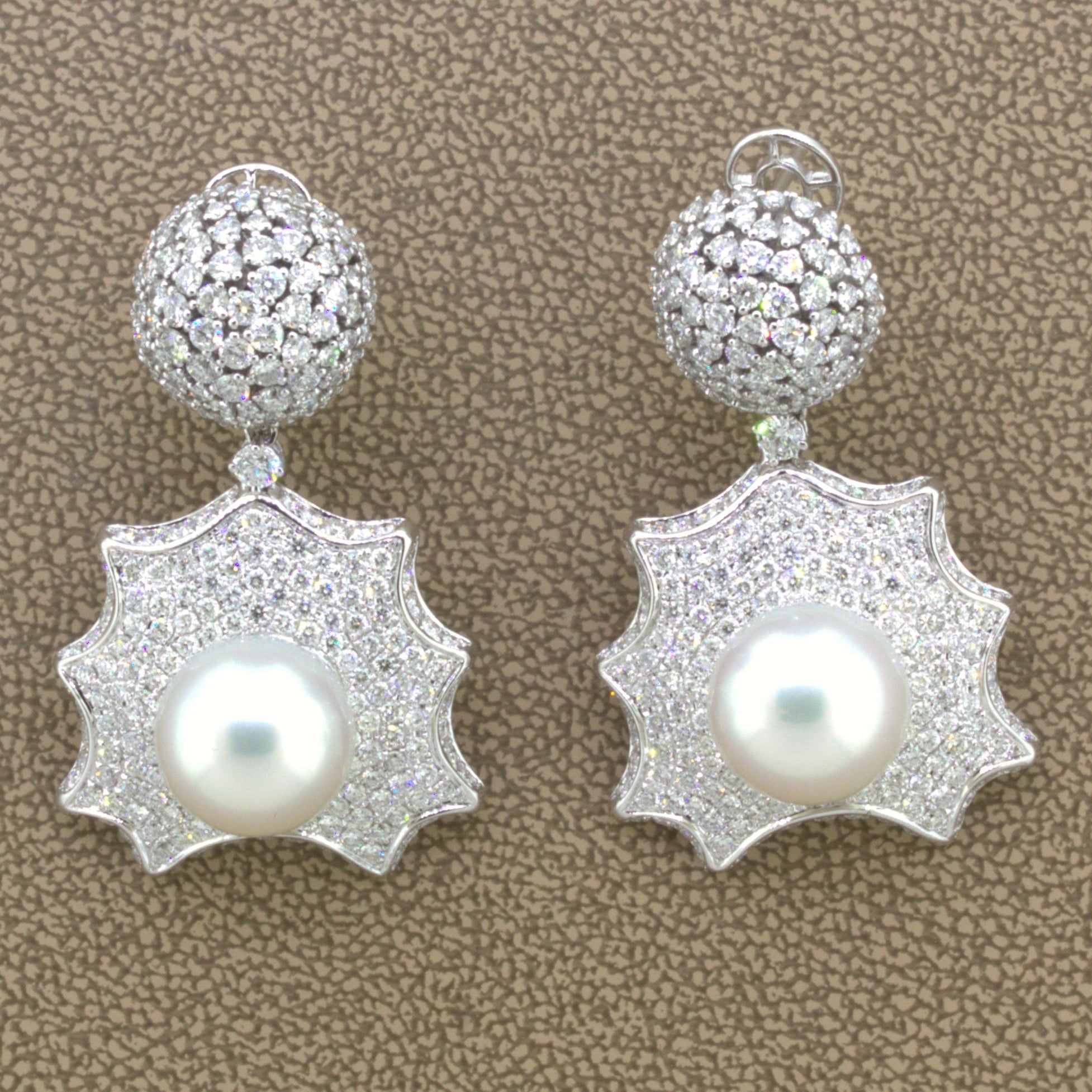 South Sea Pearl Diamond 18k White Gold Drop Dangle Earrings