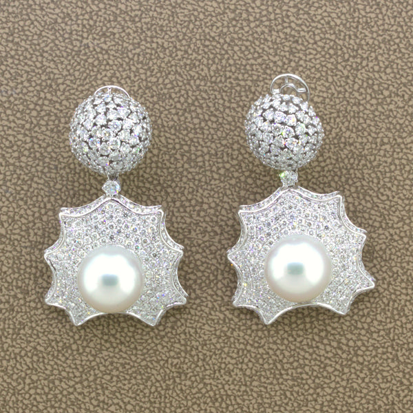 South Sea Pearl Diamond 18k White Gold Drop Dangle Earrings