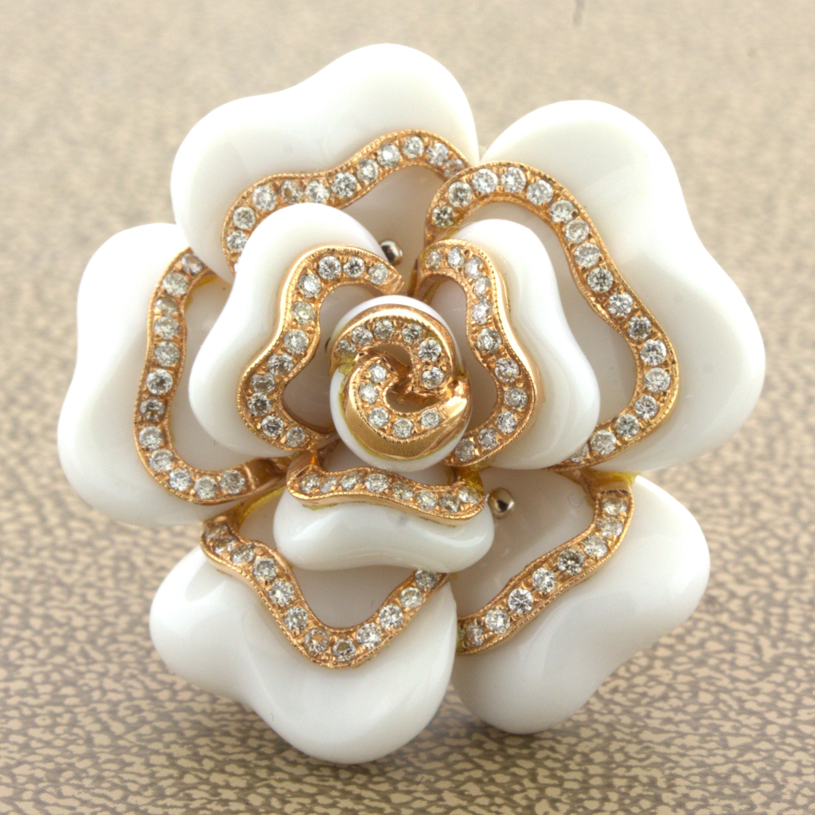 Diamond White-Onyx 18K Rose Gold Camellia Flower Cocktail Ring