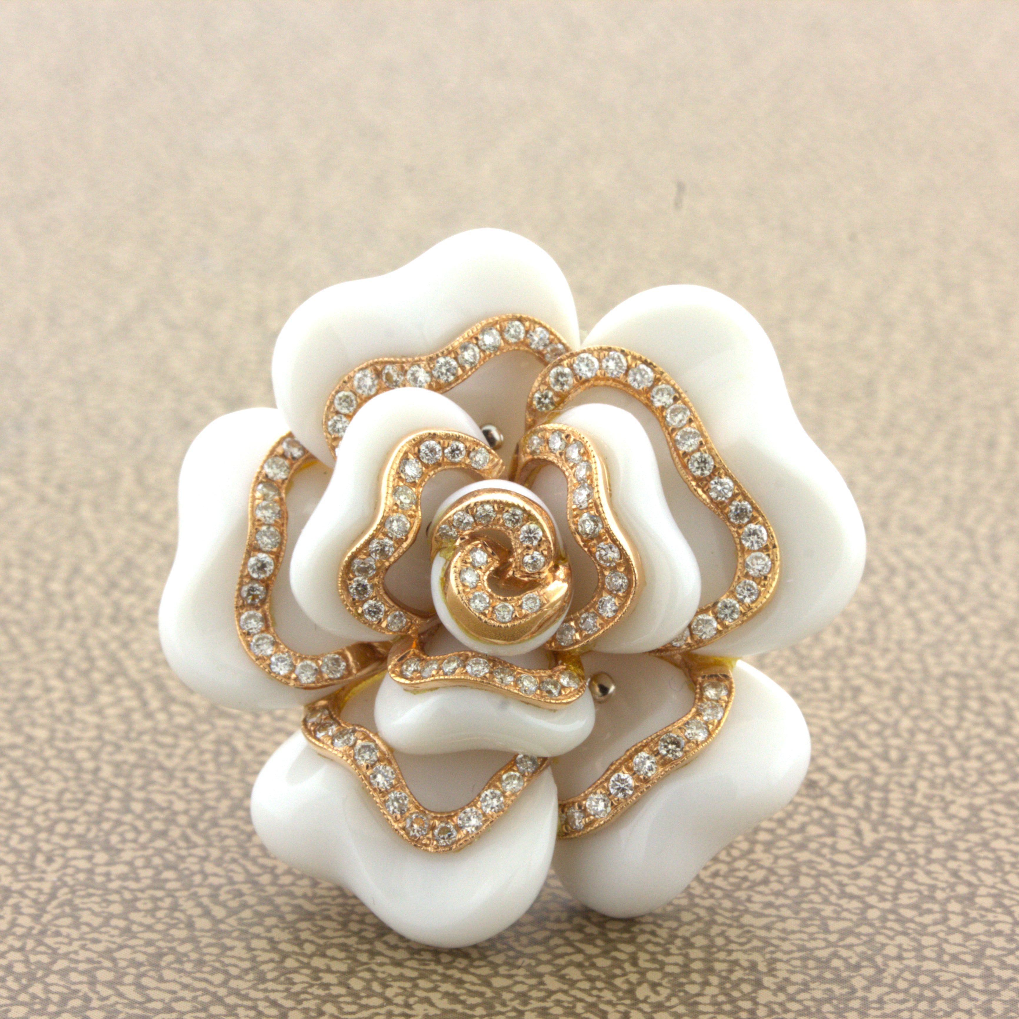 Diamond White-Onyx 18K Rose Gold Camellia Flower Cocktail Ring