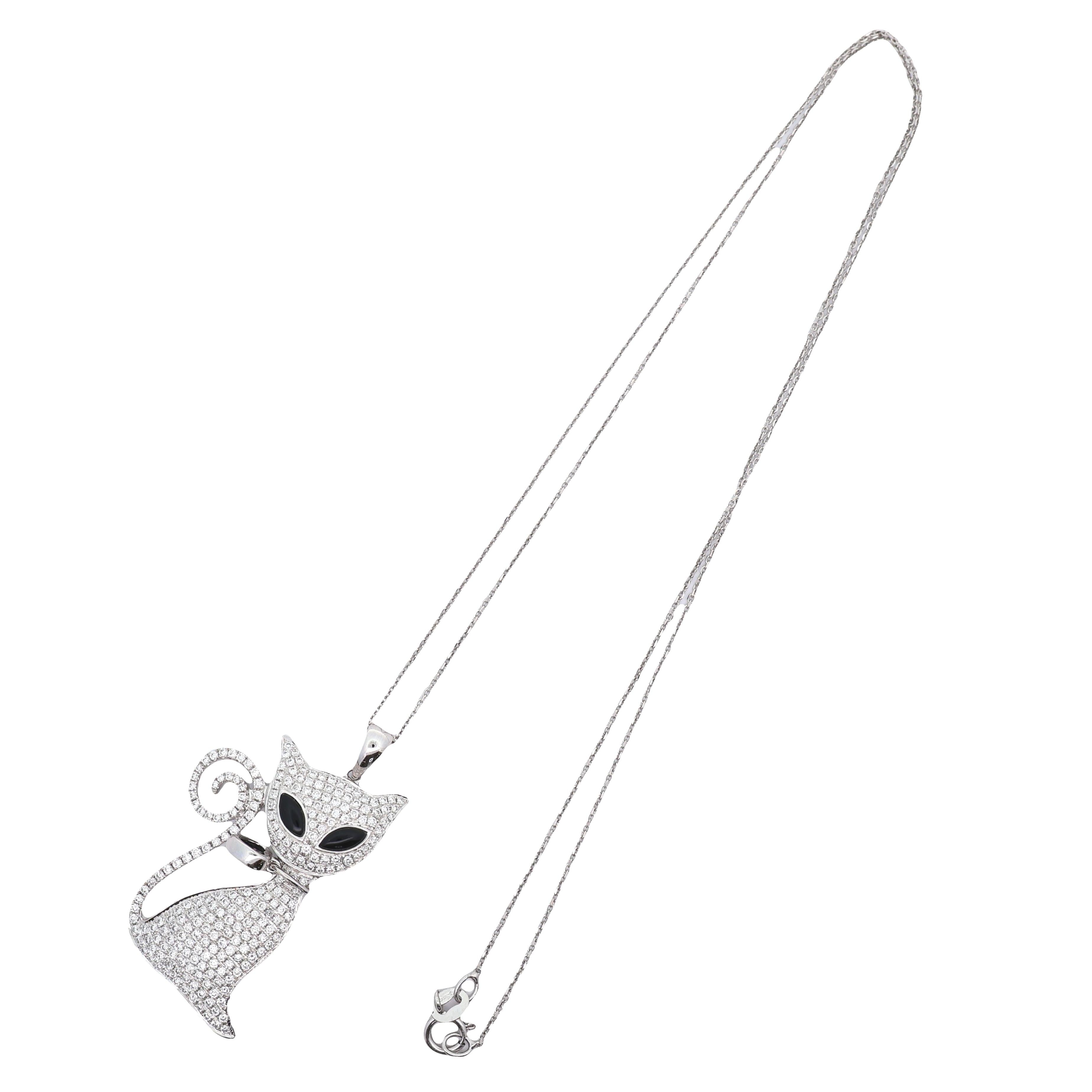 Diamond Onyx Enamel 18K White Gold Cat Heart Pendant Chain