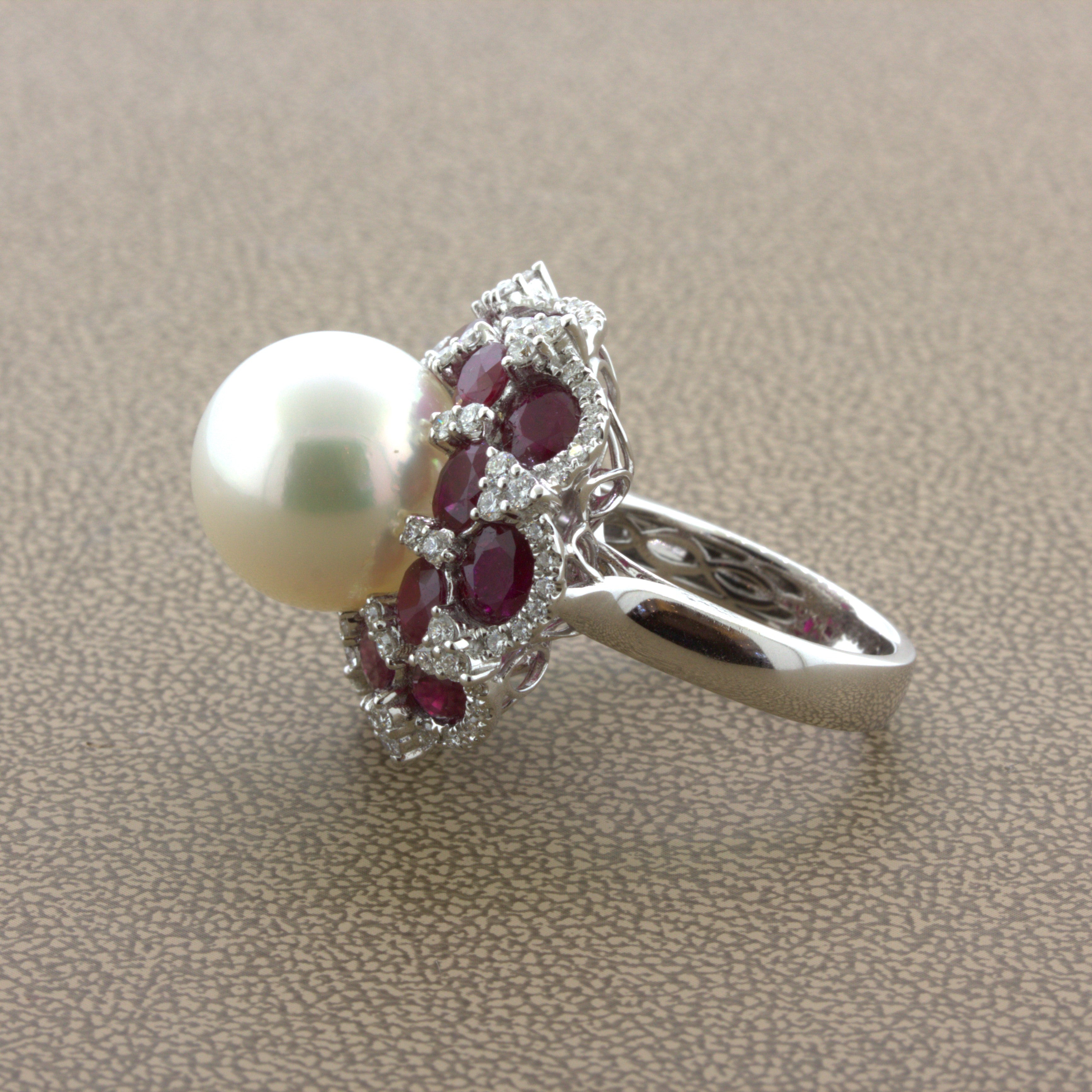 15mm South Sea Pearl Ruby Diamond 18k White Gold Cocktail Ring